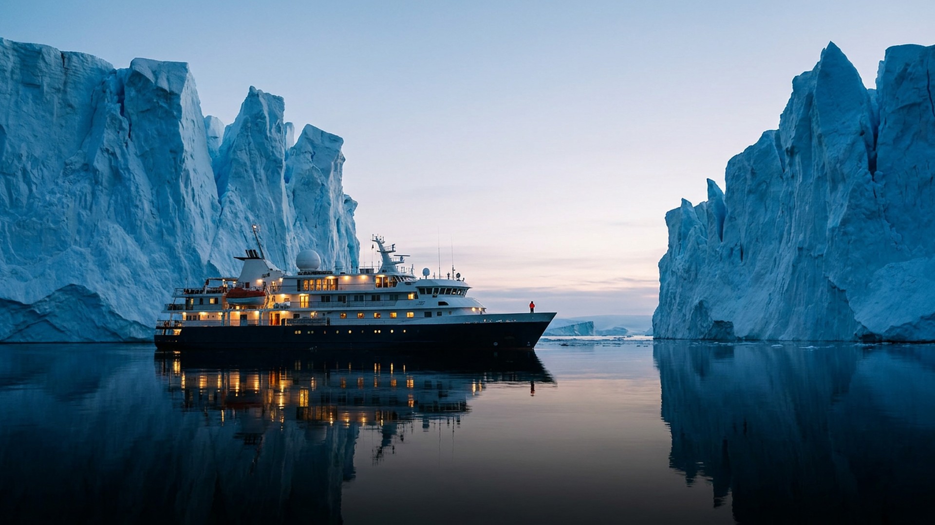 Expedition ship dwarfed by blue polar ice cliffs on glassy black water