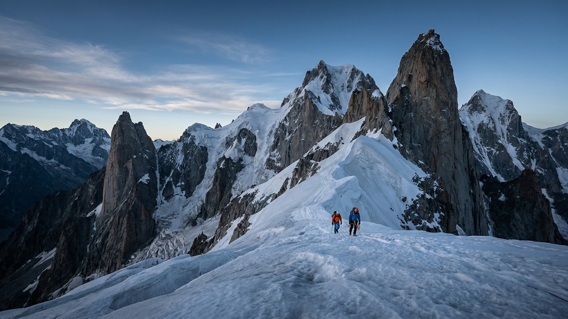 Two tiny climbers crossing a vast glaciated ridge beneath granite spires