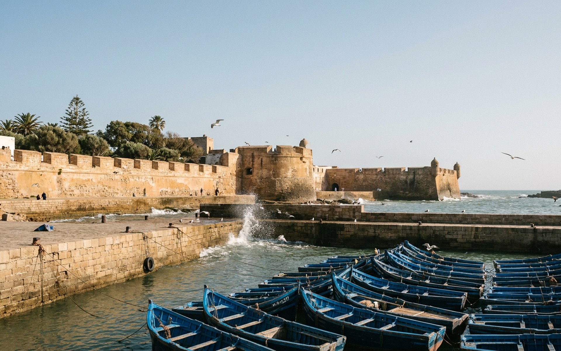 ochre ramparts and blue fishing boats in the harbour with gulls and Atlantic spray at Essaouira, Morocco — original Triple VIP destination visual.