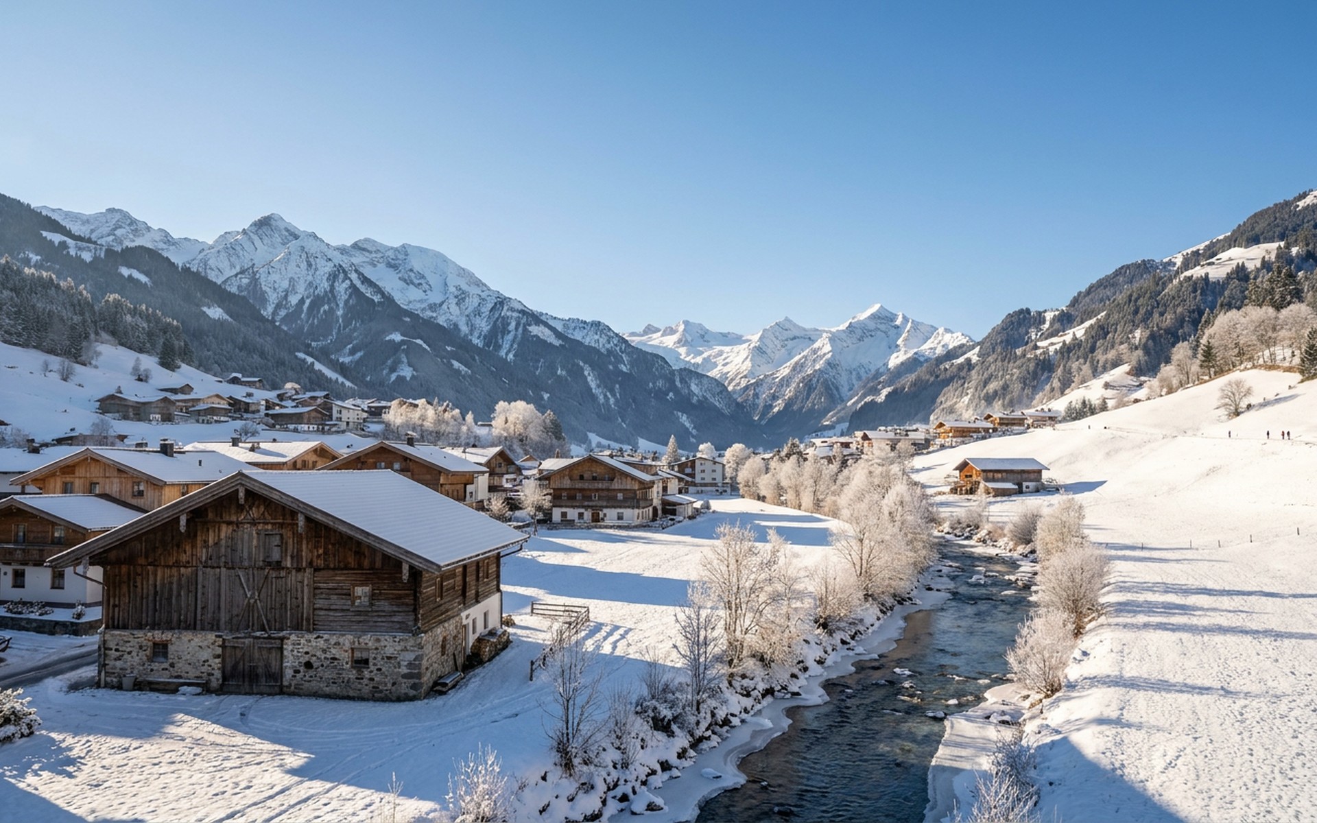 Panoramic view of the Zillertal Alps surrounding Mayrhofen, with snow-capped peaks, traditional Austrian chalets, and a clear blue winter sky. at Mayrhofen, Austria — original Triple VIP destination visual.
