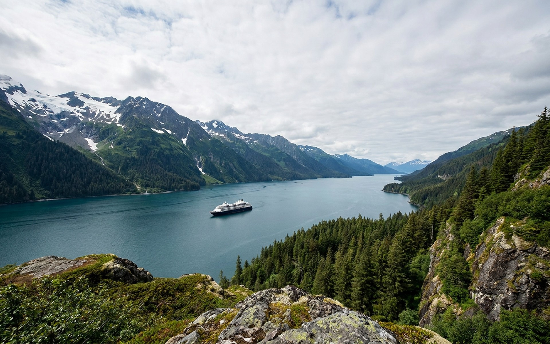 A cruise ship navigating the turquoise waters of a dramatic fjord, flanked by towering ice-capped mountains and lush coastal rainforests in summer. at Seward & the Kenai Fjords, United States — original Triple VIP destination visual.