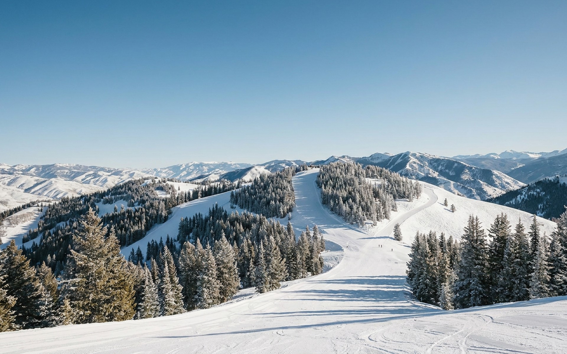 Smooth ski slopes winding through snow-dusted pine forests on Bald Mountain, under a bright, sunny Idaho winter sky. at Sun Valley, United States — original Triple VIP destination visual.