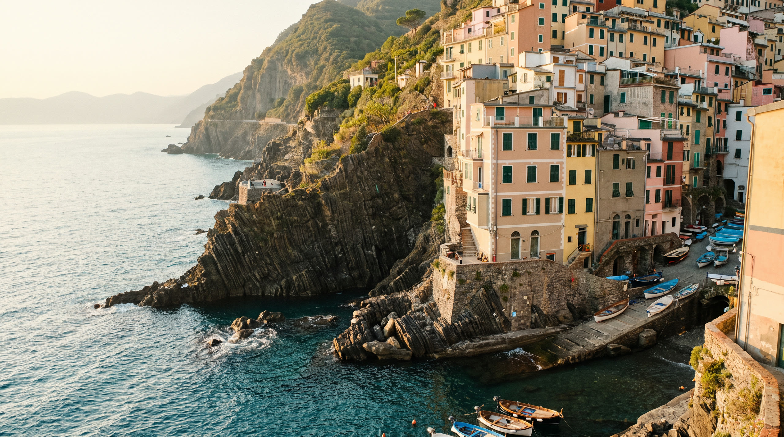 a stacked pastel village clinging to terraced cliffs above the Ligurian Sea at Cinque Terre, Italy, in golden hour light — original Triple VIP destination visual.