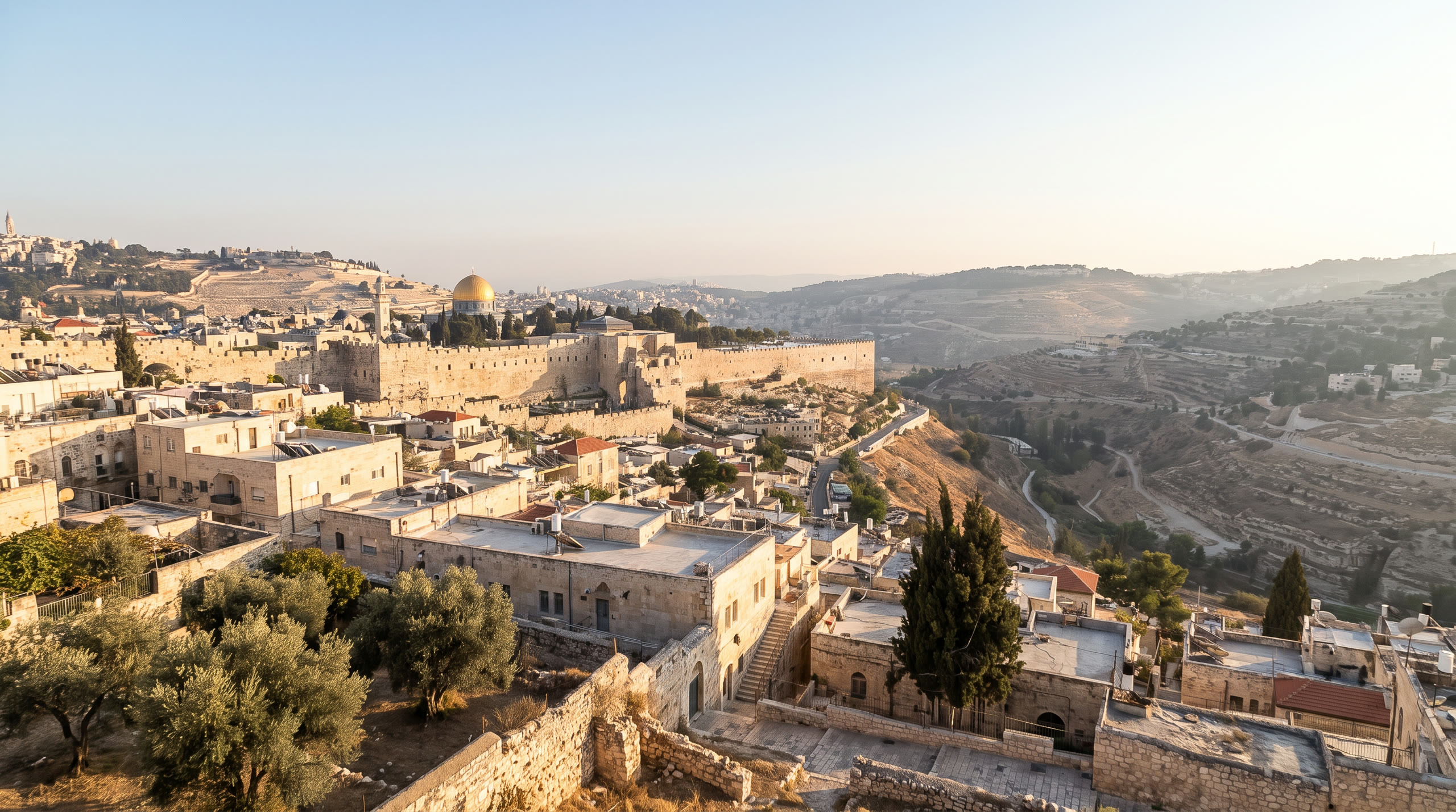 the walled Old City's pale limestone quarters under a bright dry sky at Jerusalem, Israel, in late afternoon light — original Triple VIP destination visual.