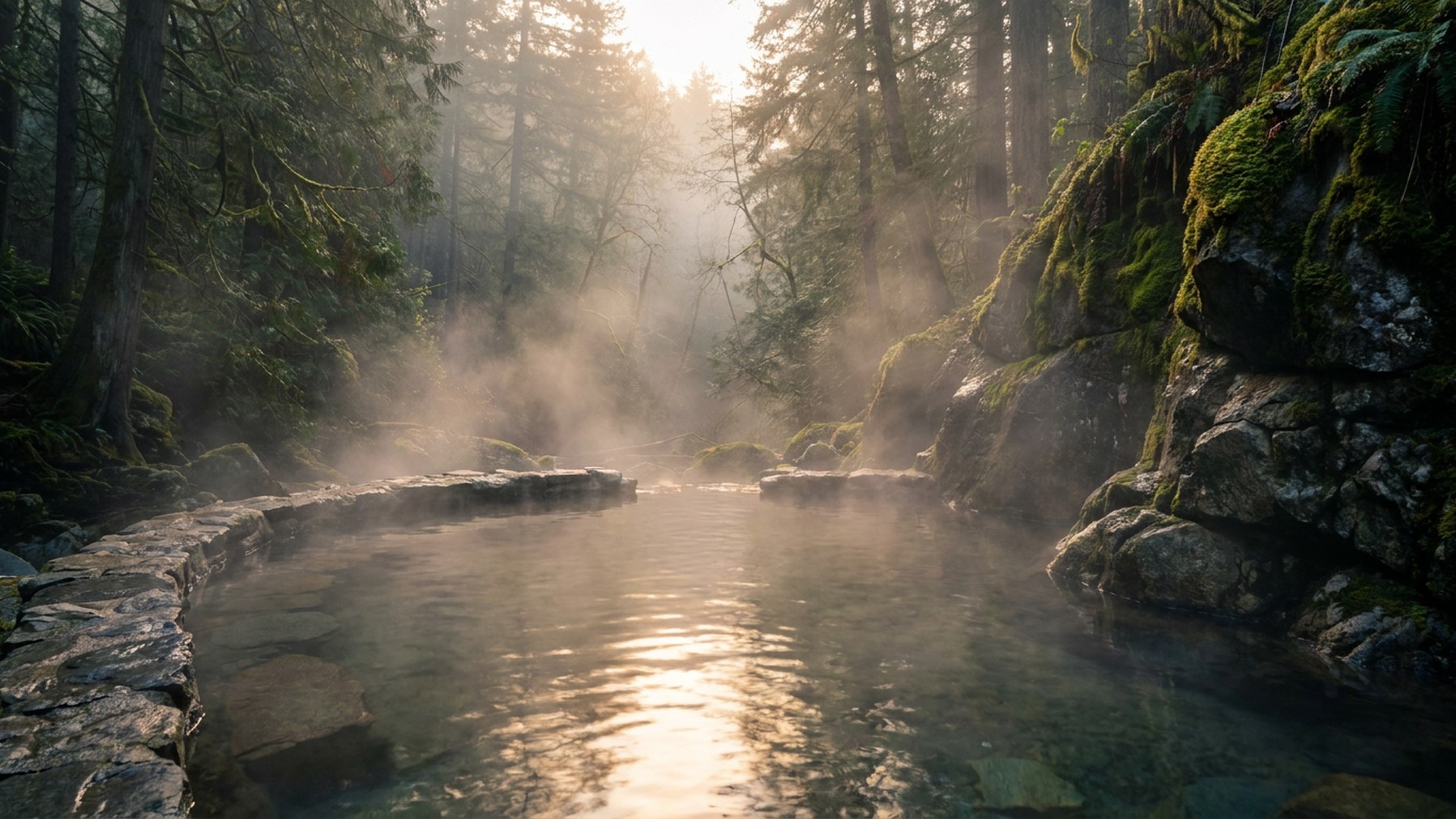 Steam drifting over an outdoor thermal pool among mossy stone and cedar at dawn