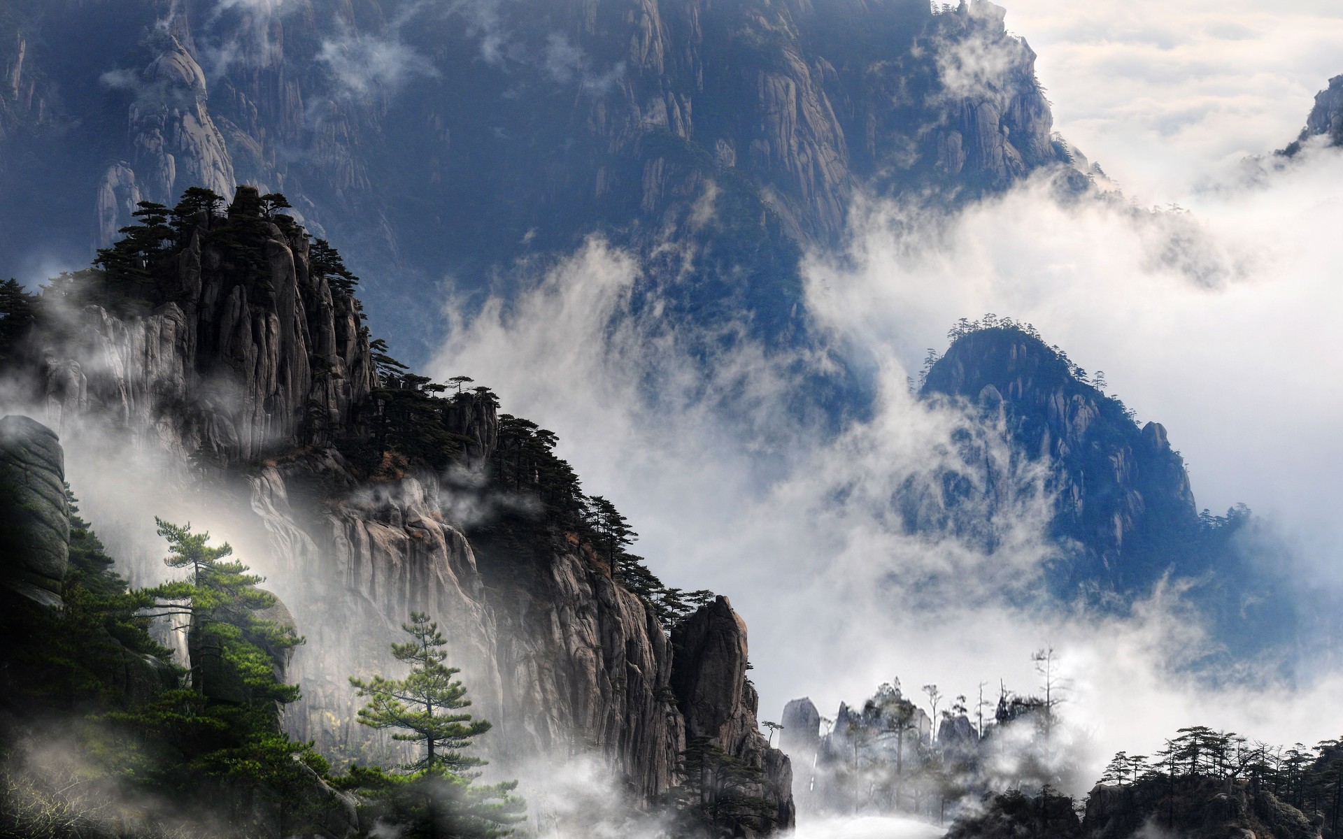 A photograph of Huangshan Mountain, China.