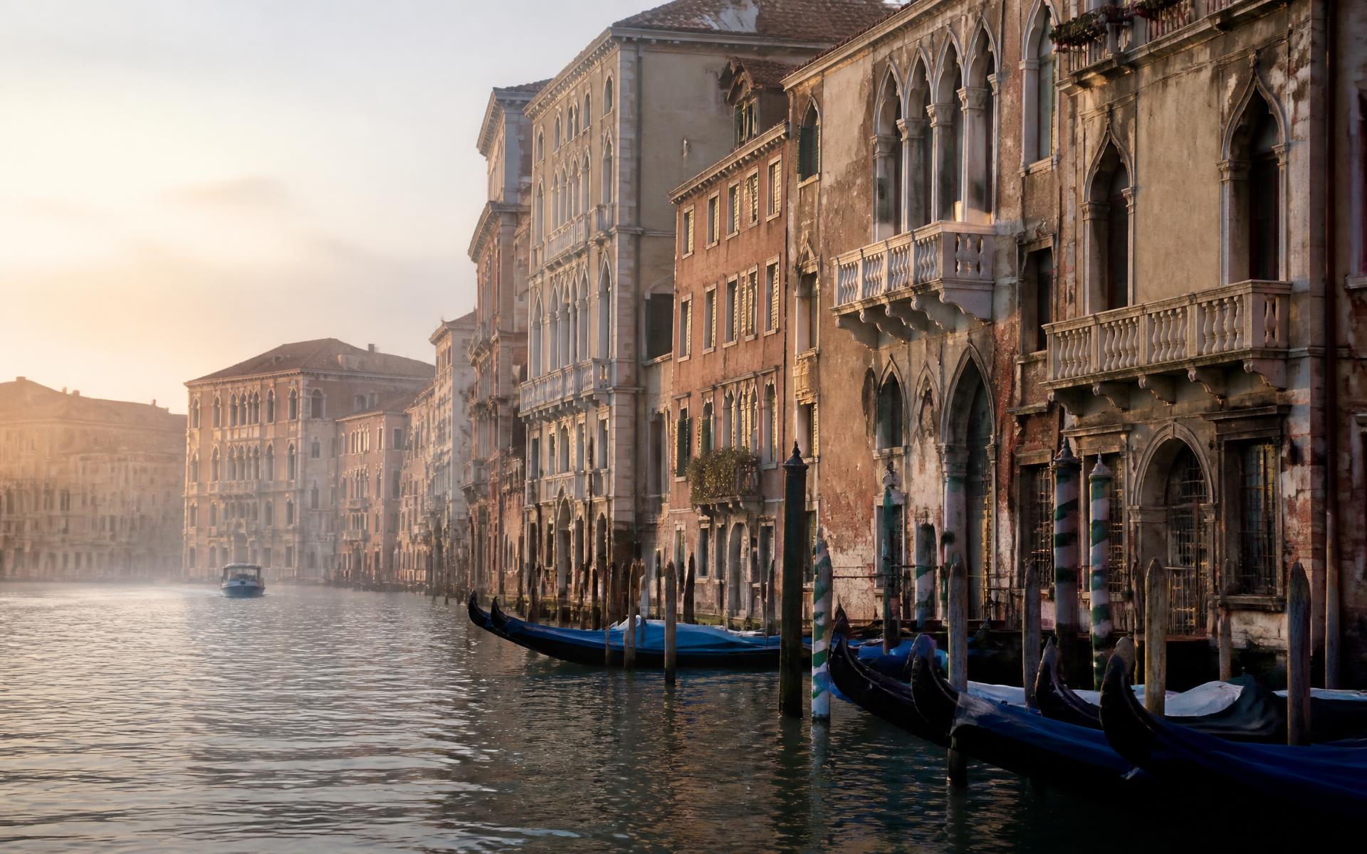 Moored gondolas beside faded palazzi on a misty Venetian canal at first light, Italy