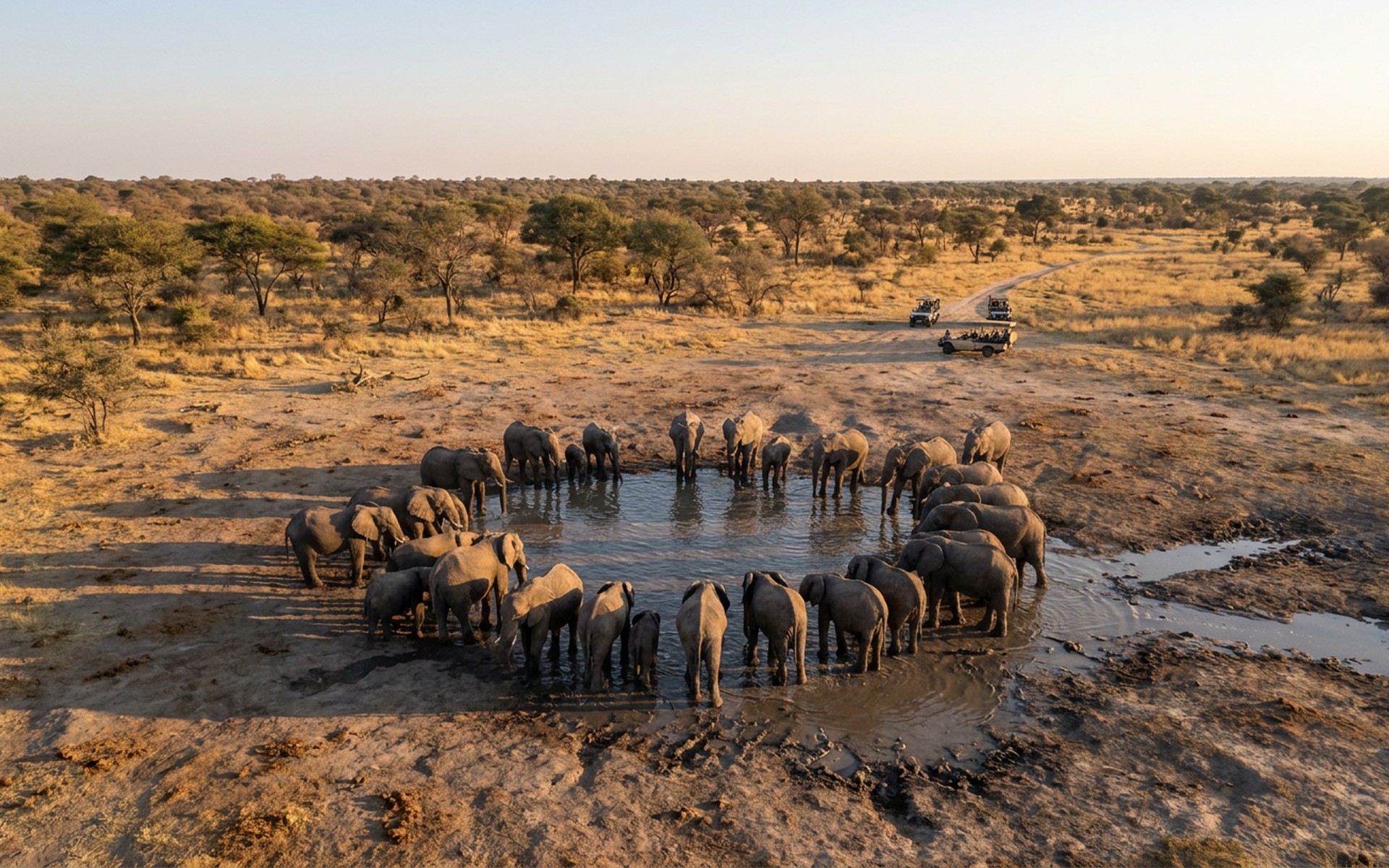 A large herd of elephants gathering at a natural waterhole during the dry season, against a backdrop of sparse African bushland at dusk. at Hwange National Park, Zimbabwe — original Triple VIP destination visual.