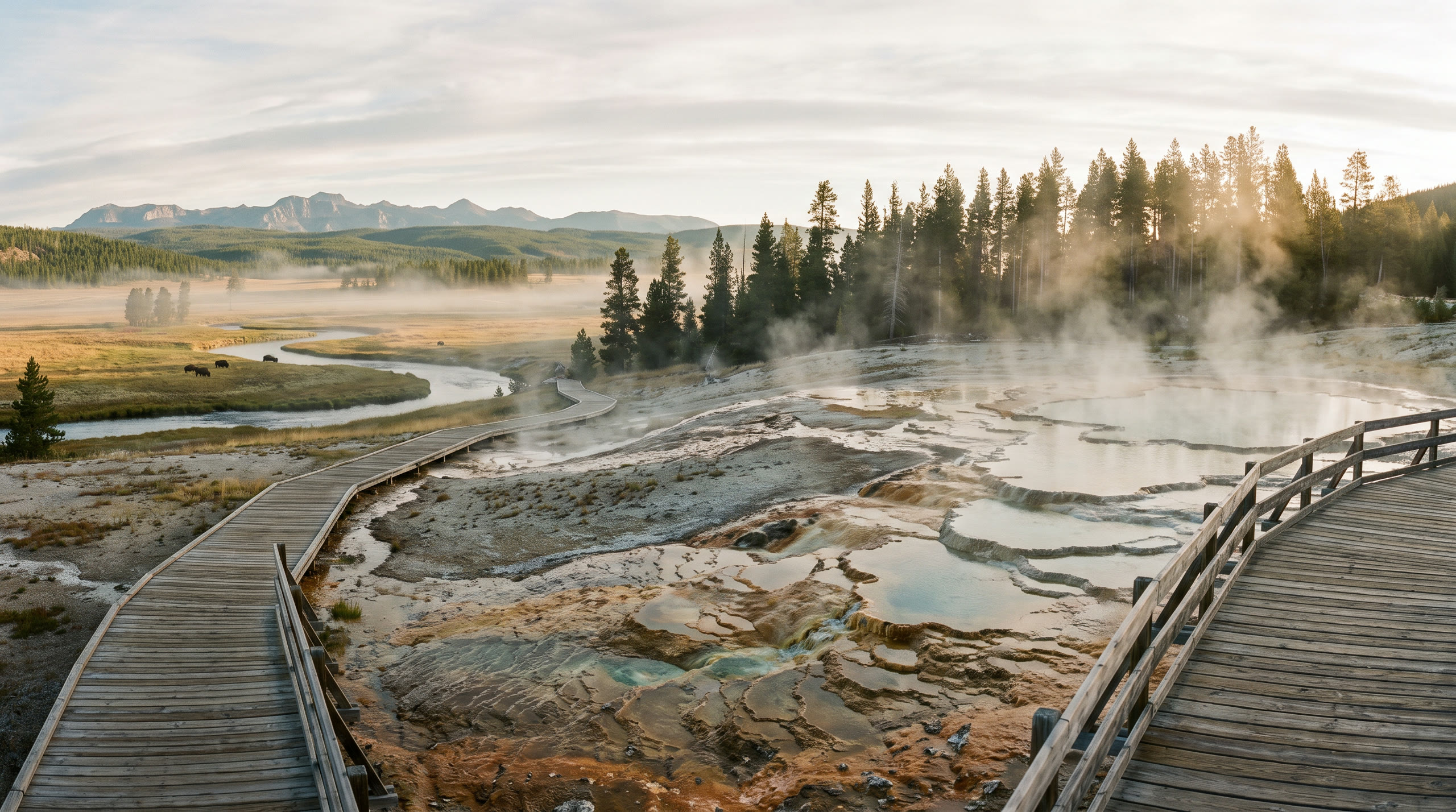 a steaming geothermal basin with vivid mineral terraces and lodgepole forest at Yellowstone Region, United States, in early morning light — original Triple VIP destination visual.