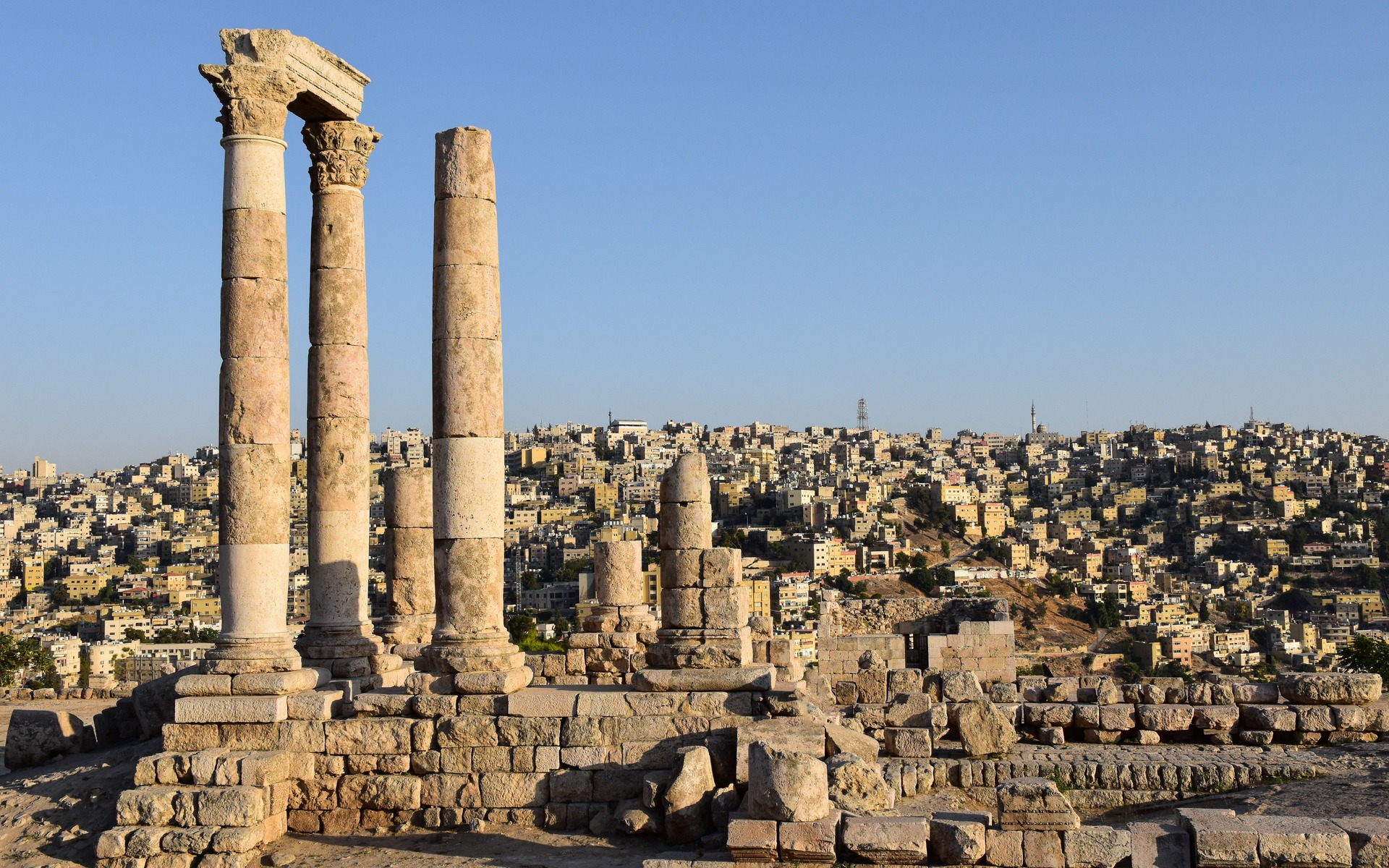 Roman columns of the Temple of Hercules on the Amman Citadel above the city, Jordan