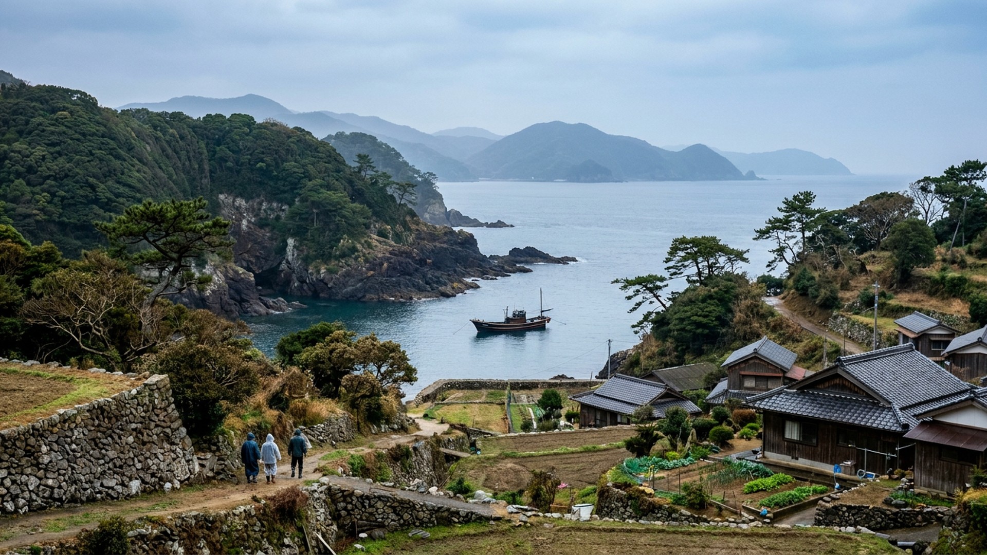 The island seen from a coastal path in Tsushima, Japan