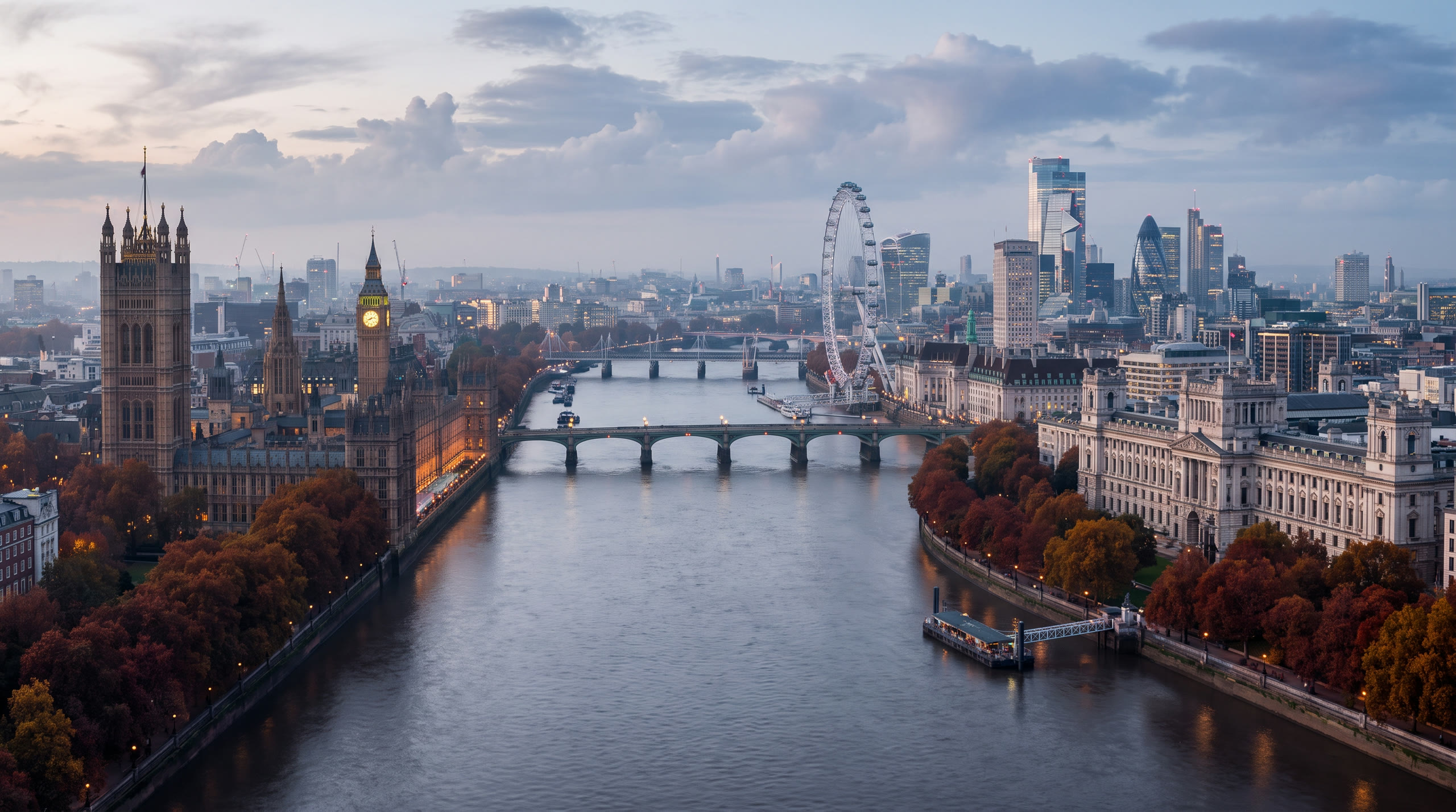 the Thames curving past Westminster and the City of London towers at London, United Kingdom, in blue hour light — original Triple VIP destination visual.