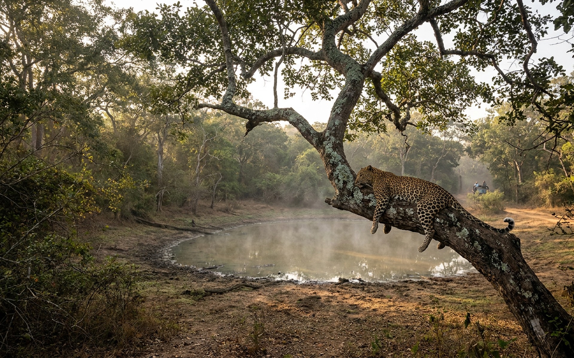 A leopard resting on a tree branch overlooking a waterhole in Wilpattu National Park, surrounded by dense dry-zone forest in the morning light. at Wilpattu, Sri Lanka — original Triple VIP destination visual.
