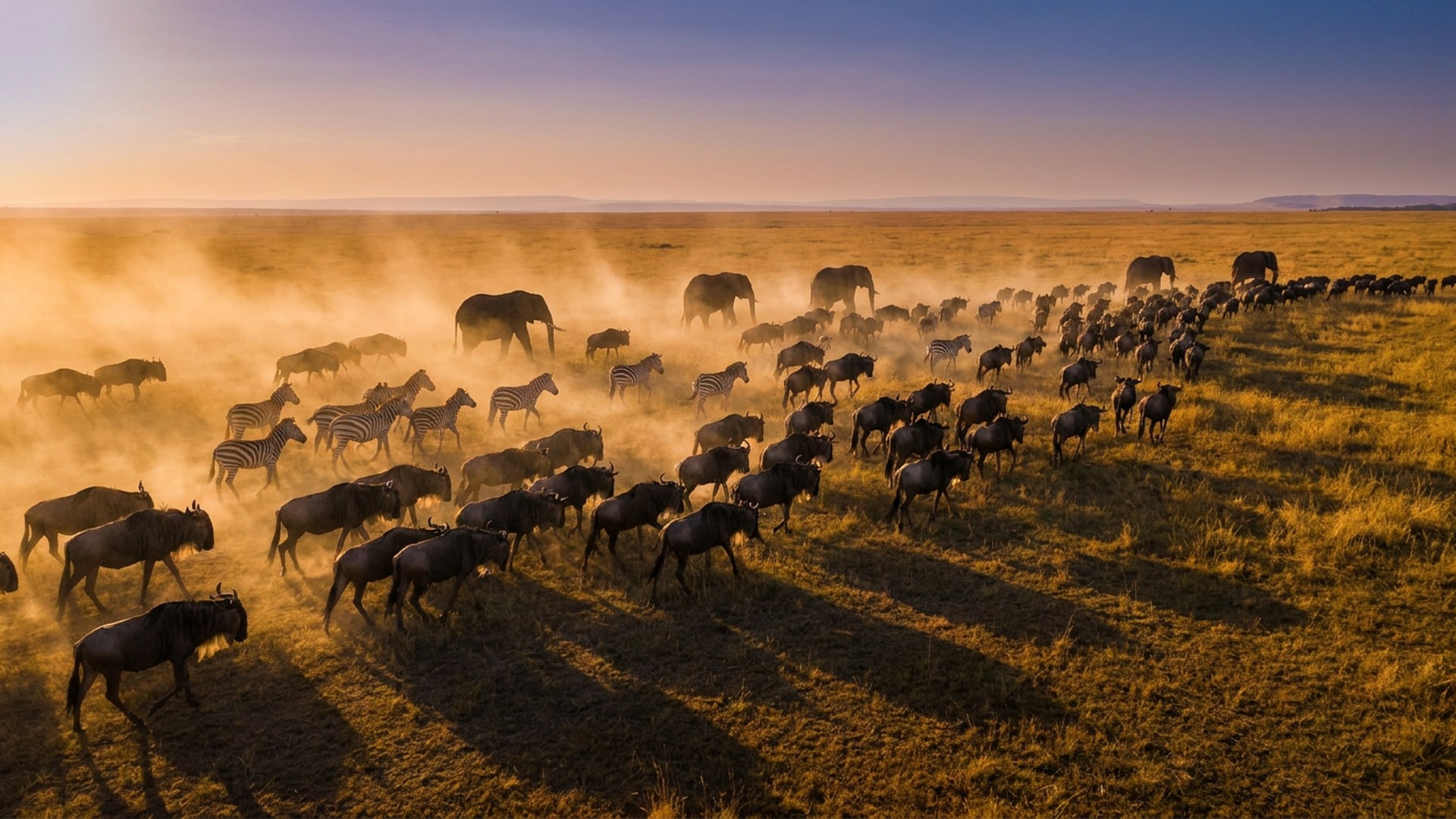 Herd moving across a dust-lit savannah at sunrise with long shadows