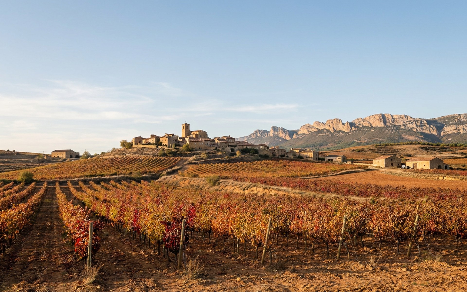 rows of vineyards on red soil below a hilltop village and the sandstone Sierra de Cantabria ridge at La Rioja, Spain — original Triple VIP destination visual.