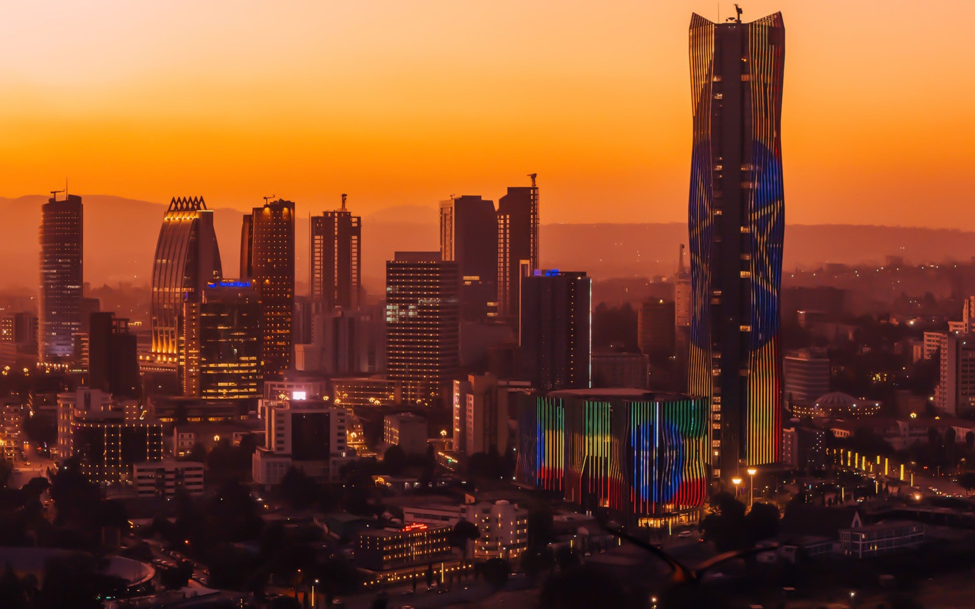 Addis Ababa skyline glowing at sunset in Ethiopia