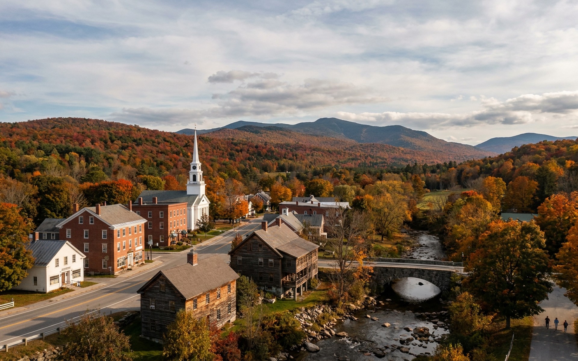 Charming white steeple church and historic village buildings set against the vibrant red and gold foliage of Vermont's Green Mountains in autumn. at Stowe, United States — original Triple VIP destination visual.