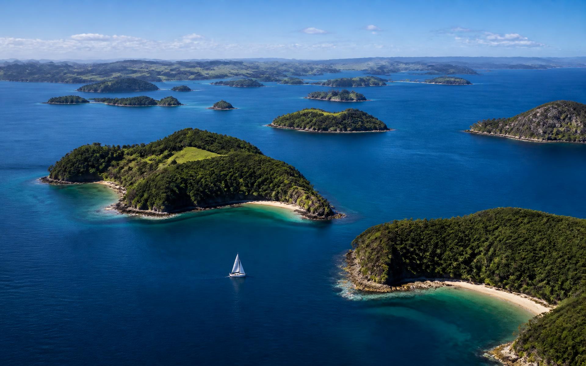 green islands scattered across a deep blue bay with a sailing yacht at the Bay of Islands, New Zealand — original Triple VIP destination visual.