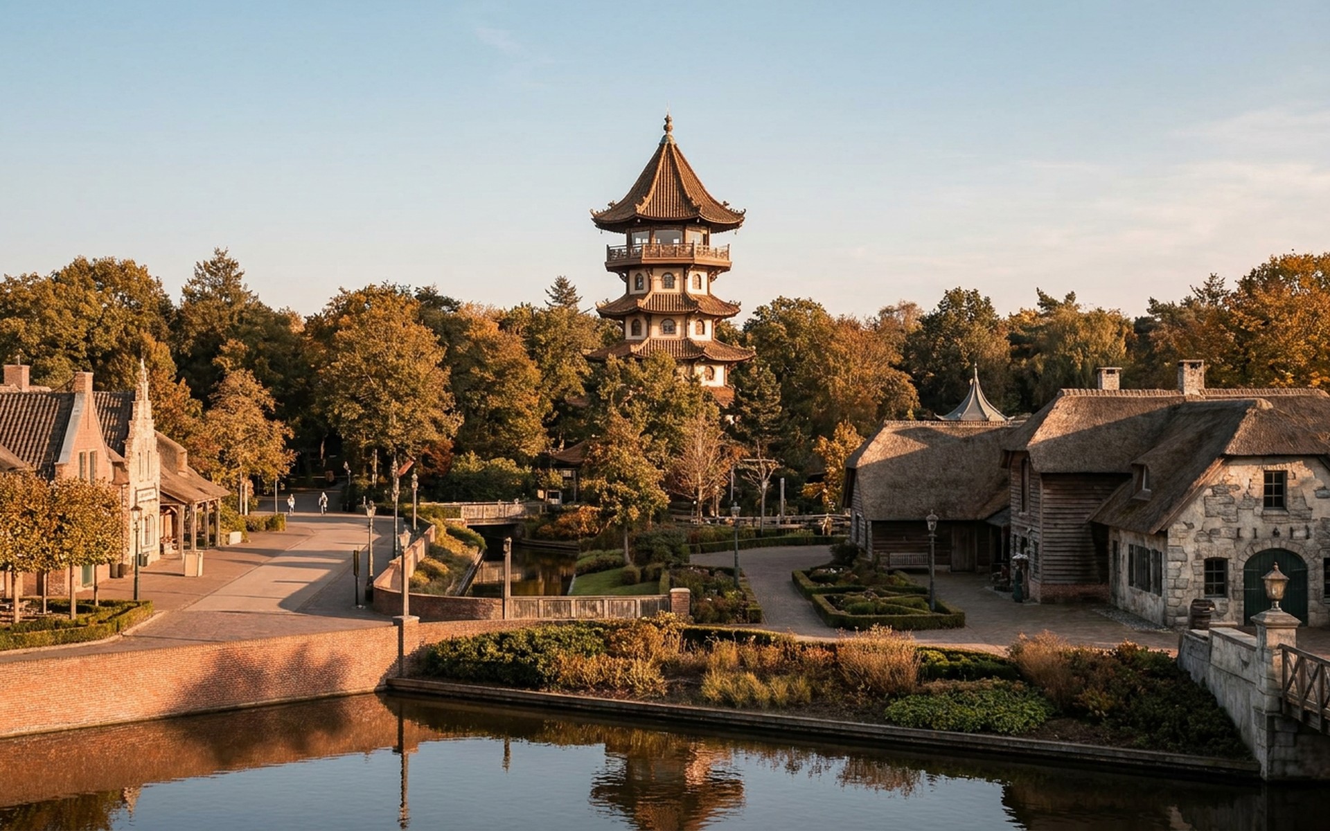 The iconic Pagode ride tower rising above the enchanting fairytale forest architecture of Efteling theme park, bathed in warm autumn afternoon sunlight. at Kaatsheuvel & Efteling, Netherlands — original Triple VIP destination visual.