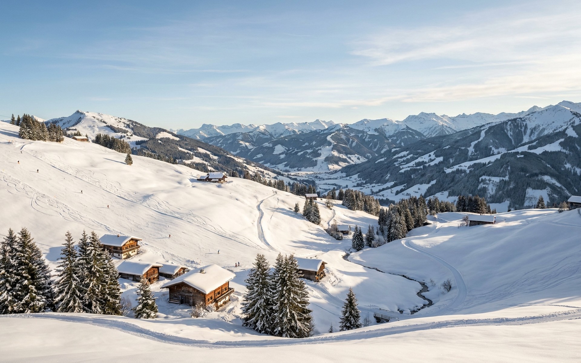 Skiers descending pristine, sunlit slopes with traditional alpine chalets scattered across the snow-covered Austrian Alps in winter. at Saalbach Hinterglemm, Austria — original Triple VIP destination visual.