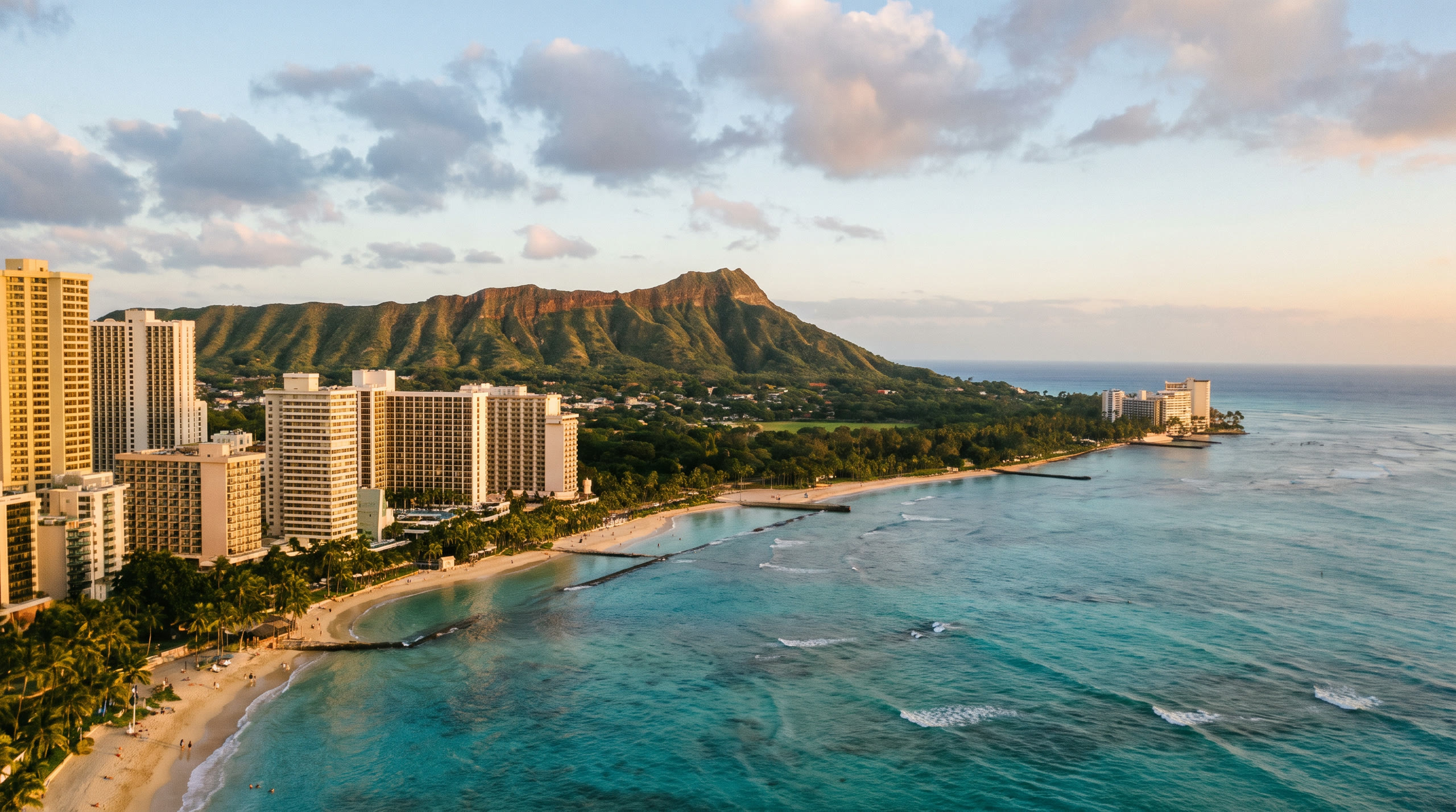 Waikiki's beach curve with the Diamond Head crater rim beyond at Oahu & Honolulu, United States, in late afternoon light — original Triple VIP destination visual.