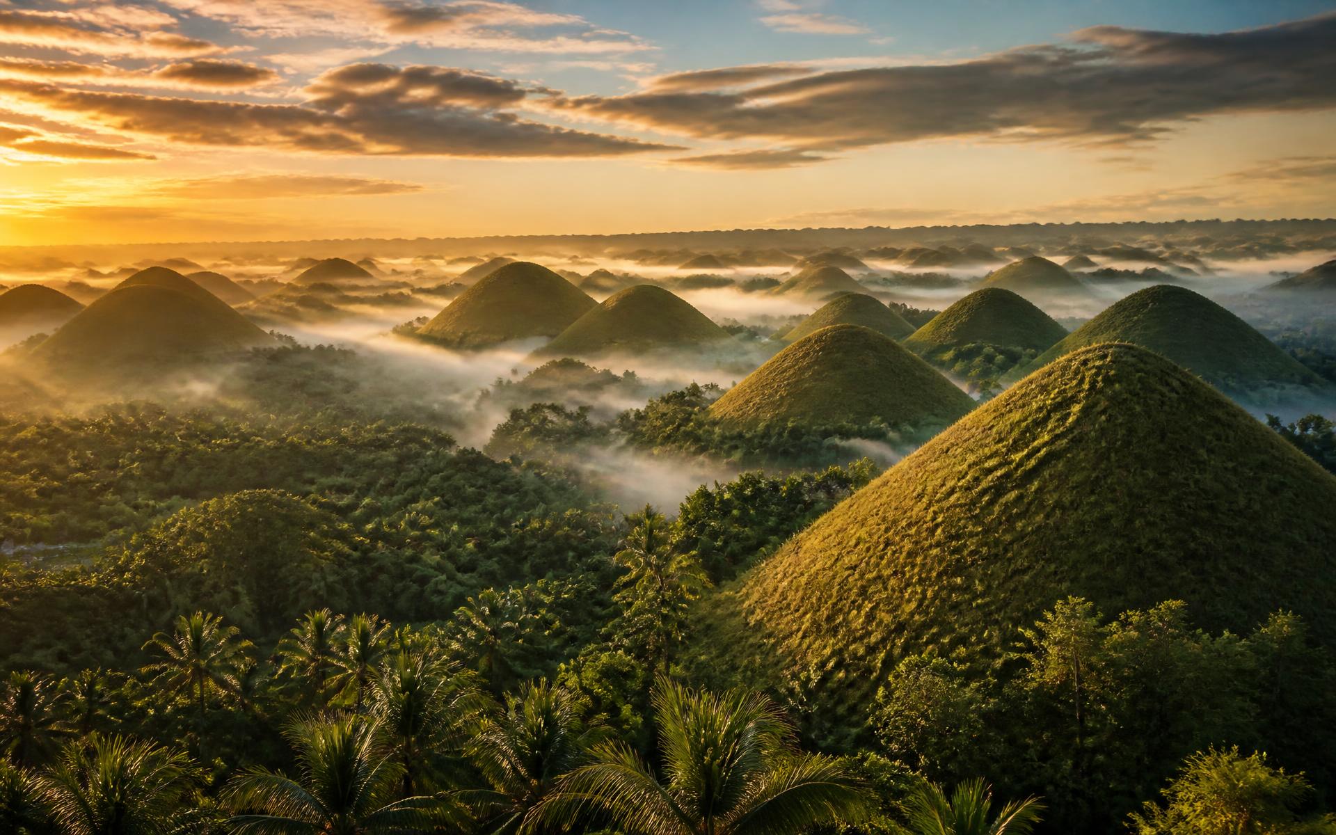 hundreds of symmetrical grass-covered conical hills above mist at sunrise at Bohol, Philippines — original Triple VIP destination visual.