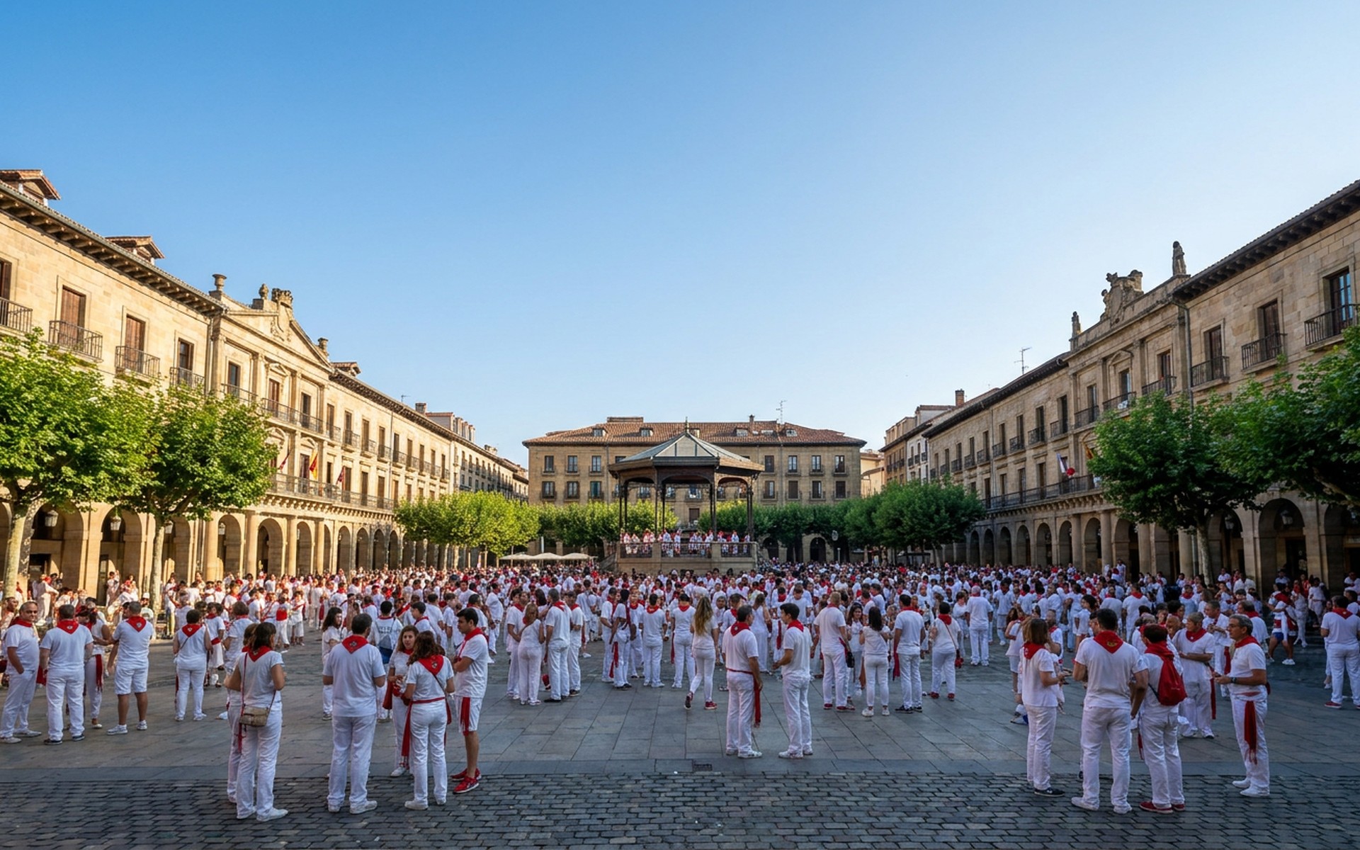 Vibrant crowd celebrating in Plaza del Castillo in Pamplona, framed by historic buildings under a clear summer sky during the San Fermín festival. at Pamplona & Navarra, Spain — original Triple VIP destination visual.