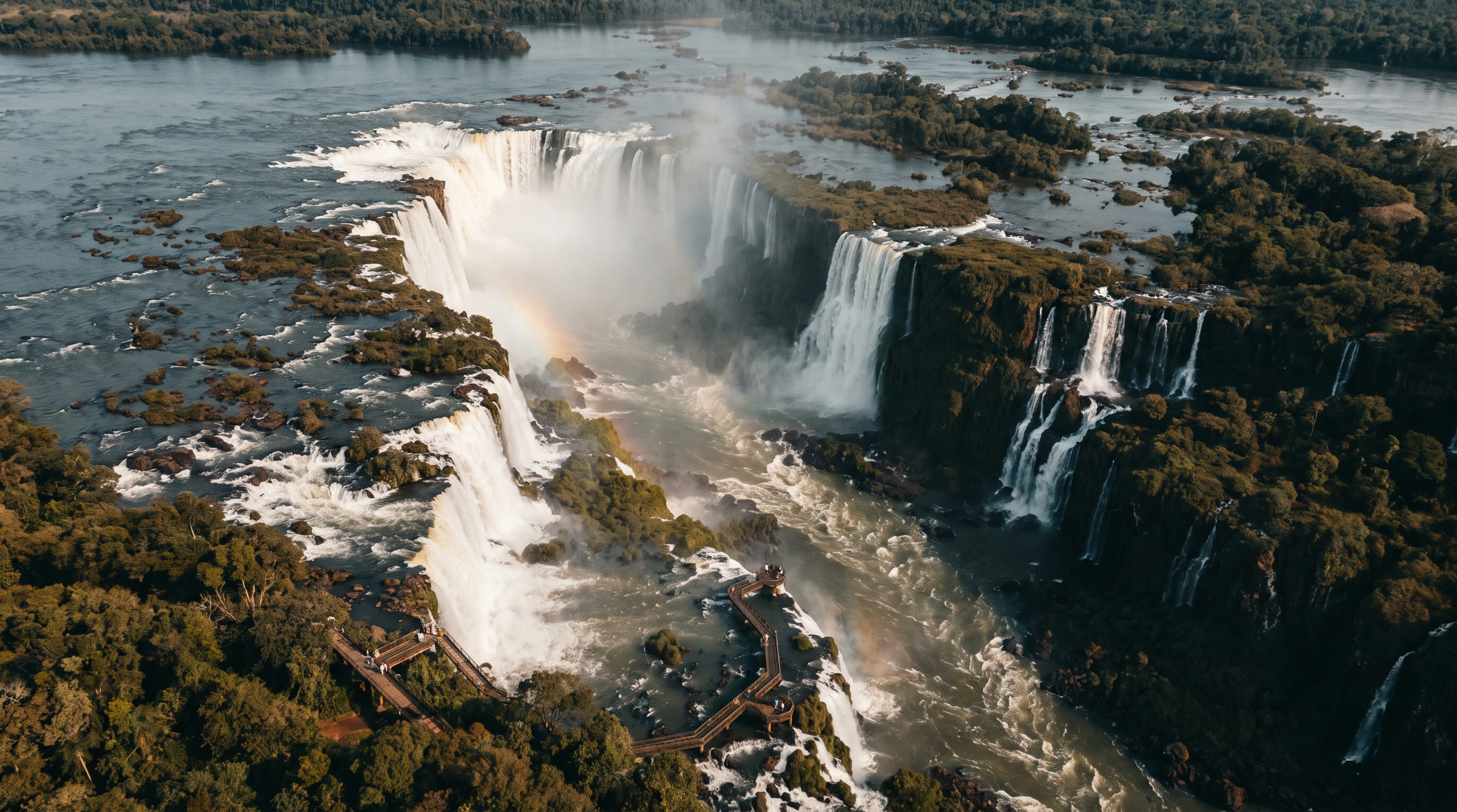 the horseshoe of cataracts pouring through subtropical rainforest at Iguazú Falls, Argentina, in morning light — original Triple VIP destination visual.