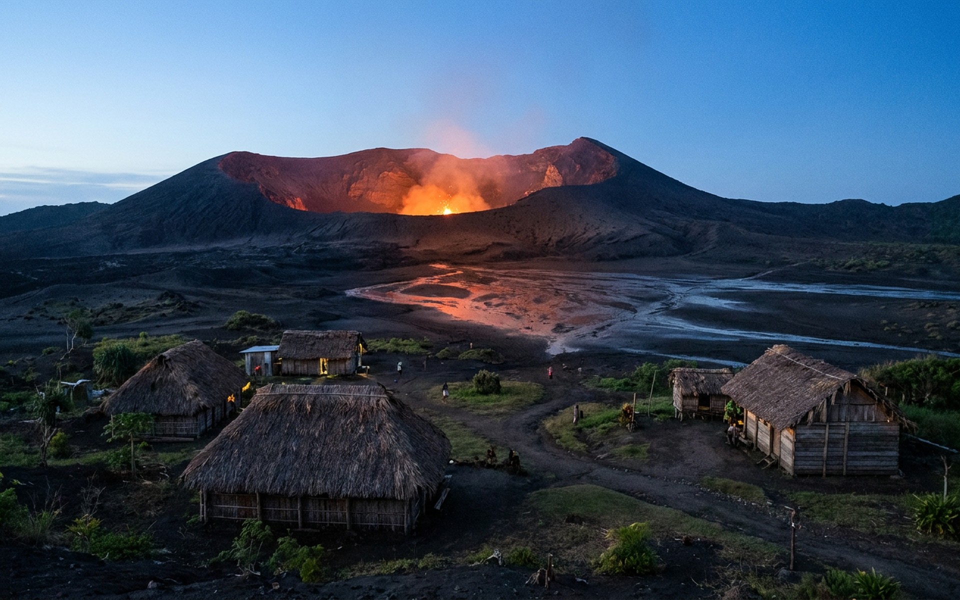 an active cinder cone glowing orange at its rim above dark ash plains at blue hour at Tanna & Mount Yasur, Vanuatu — original Triple VIP destination visual.