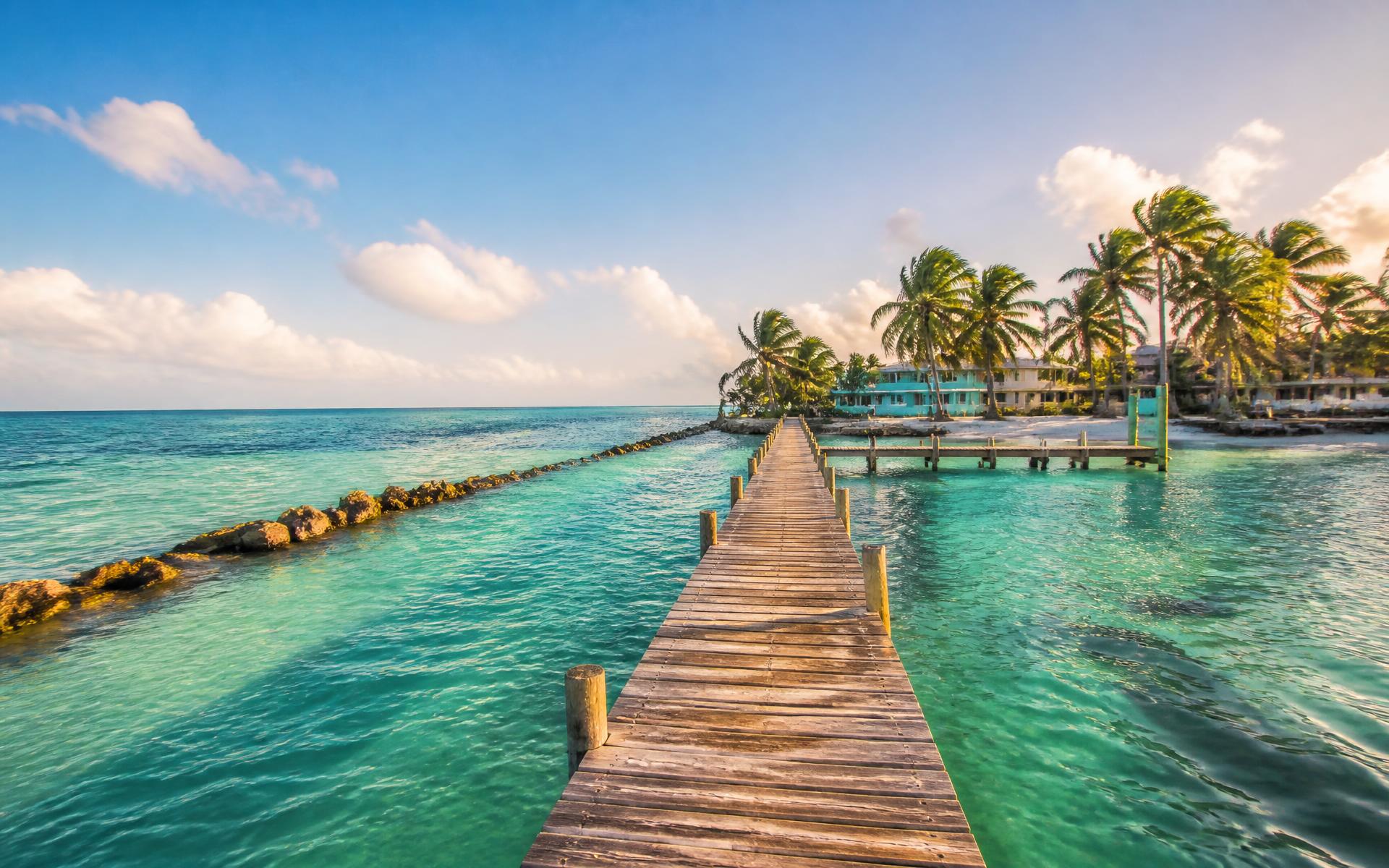 a wooden dock reaching into clear turquoise Caribbean water beside palms at Ambergris Caye, Belize — original Triple VIP destination visual.