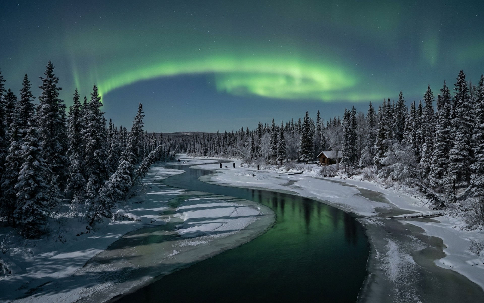 a snowbound spruce forest and frozen river with green aurora arcing overhead on a still night at Fairbanks, Alaska — original Triple VIP destination visual.