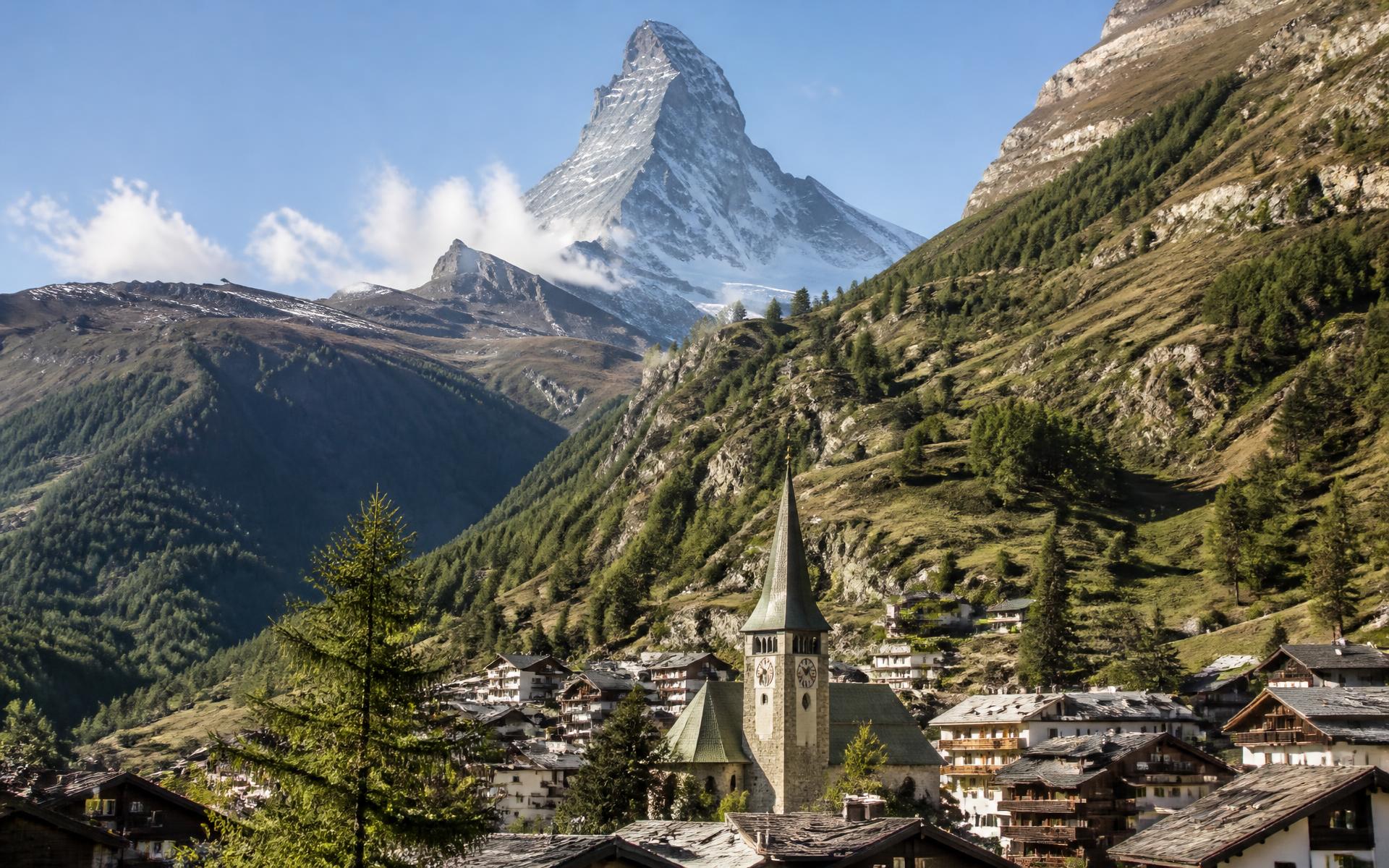The Matterhorn towering above the alpine village of Zermatt, Switzerland
