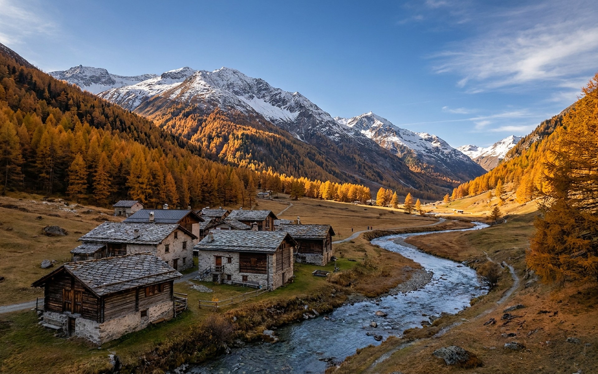 Picturesque valley of Livigno in late autumn, showcasing colorful larch trees, traditional alpine architecture, and surrounding snow-dusted peaks. at Livigno, Italy — original Triple VIP destination visual.