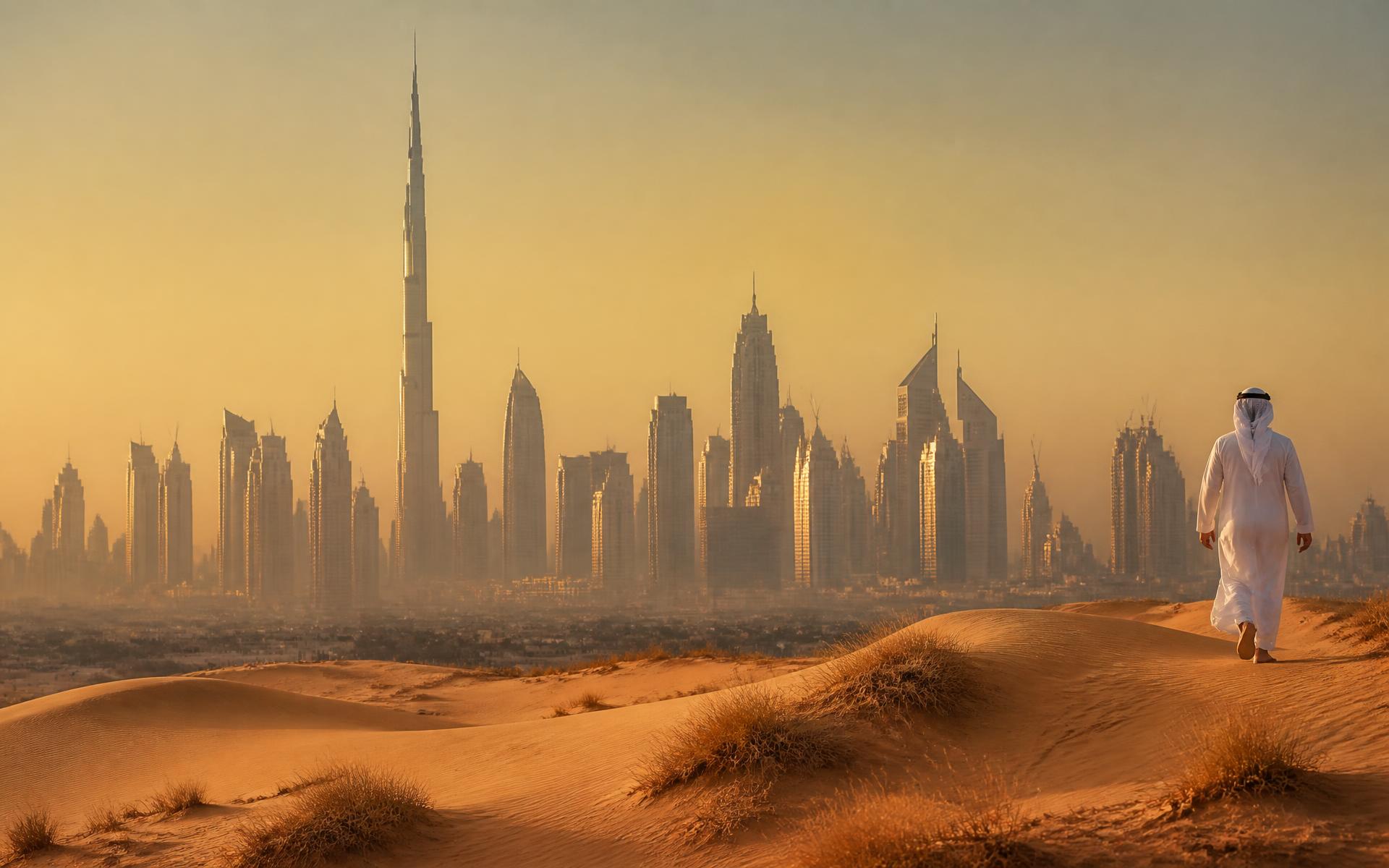 The Dubai skyline seen across desert dunes in golden evening haze, United Arab Emirates