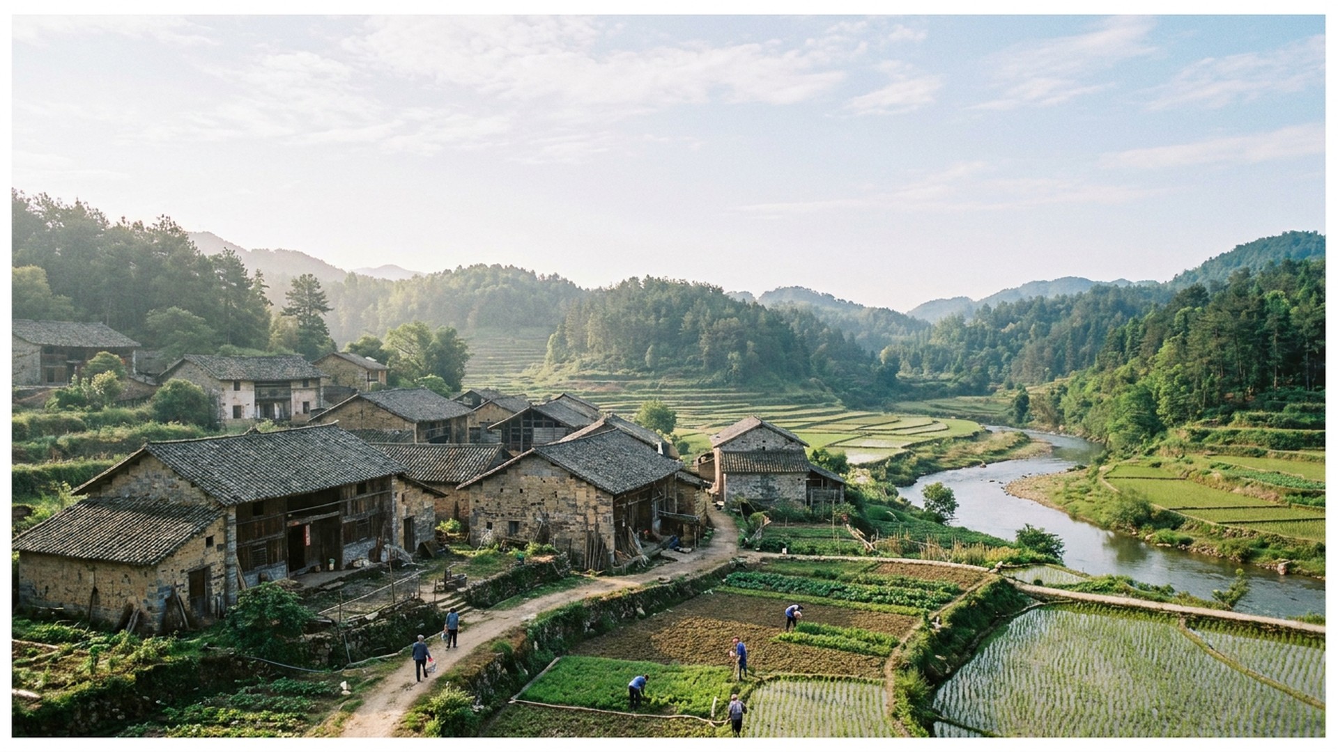 Small settlement in its landscape in Huanggang, China