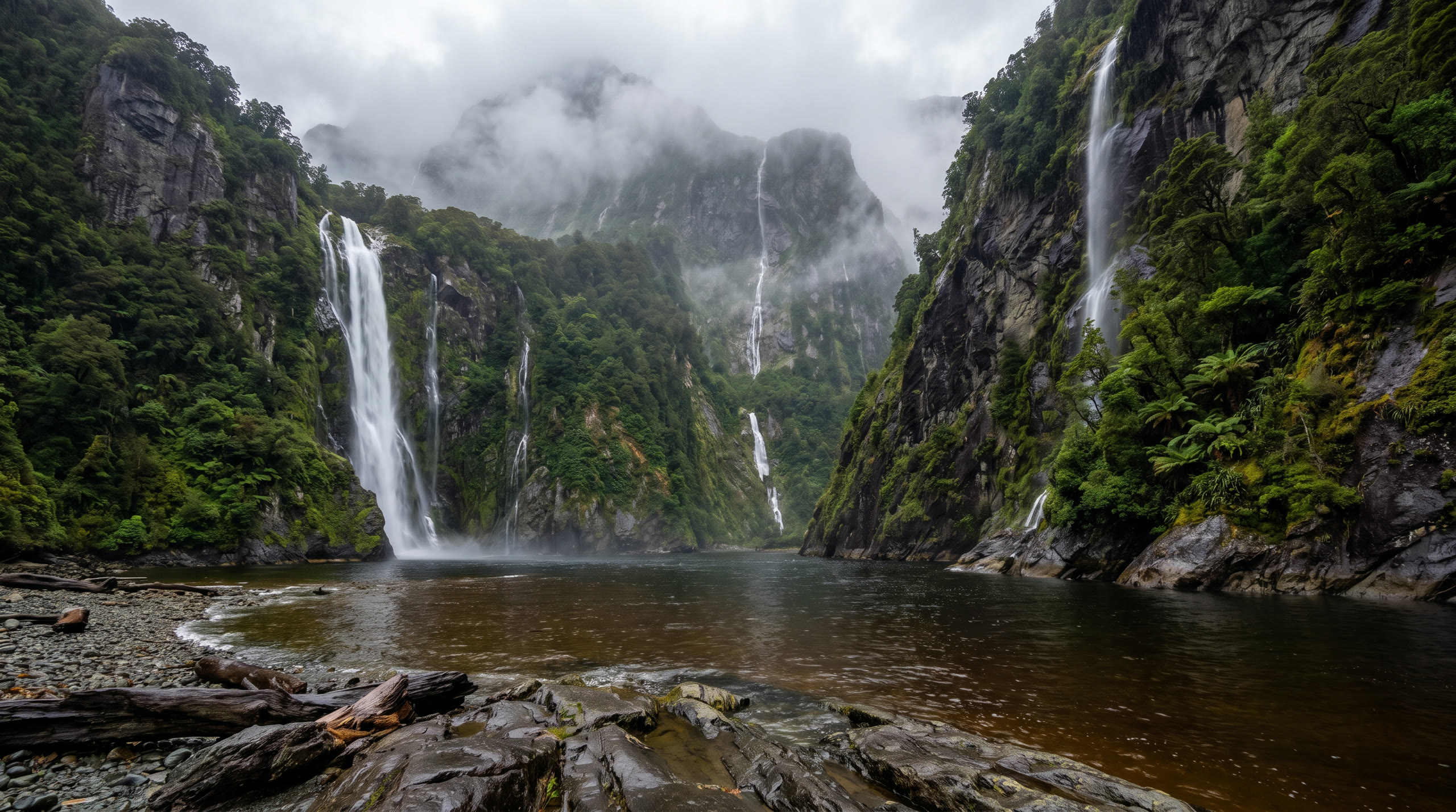 sheer cliffs plunging into a dark fiord with a waterfall at Fiordland & Milford Sound, New Zealand, in morning after rain light — original Triple VIP destination visual.