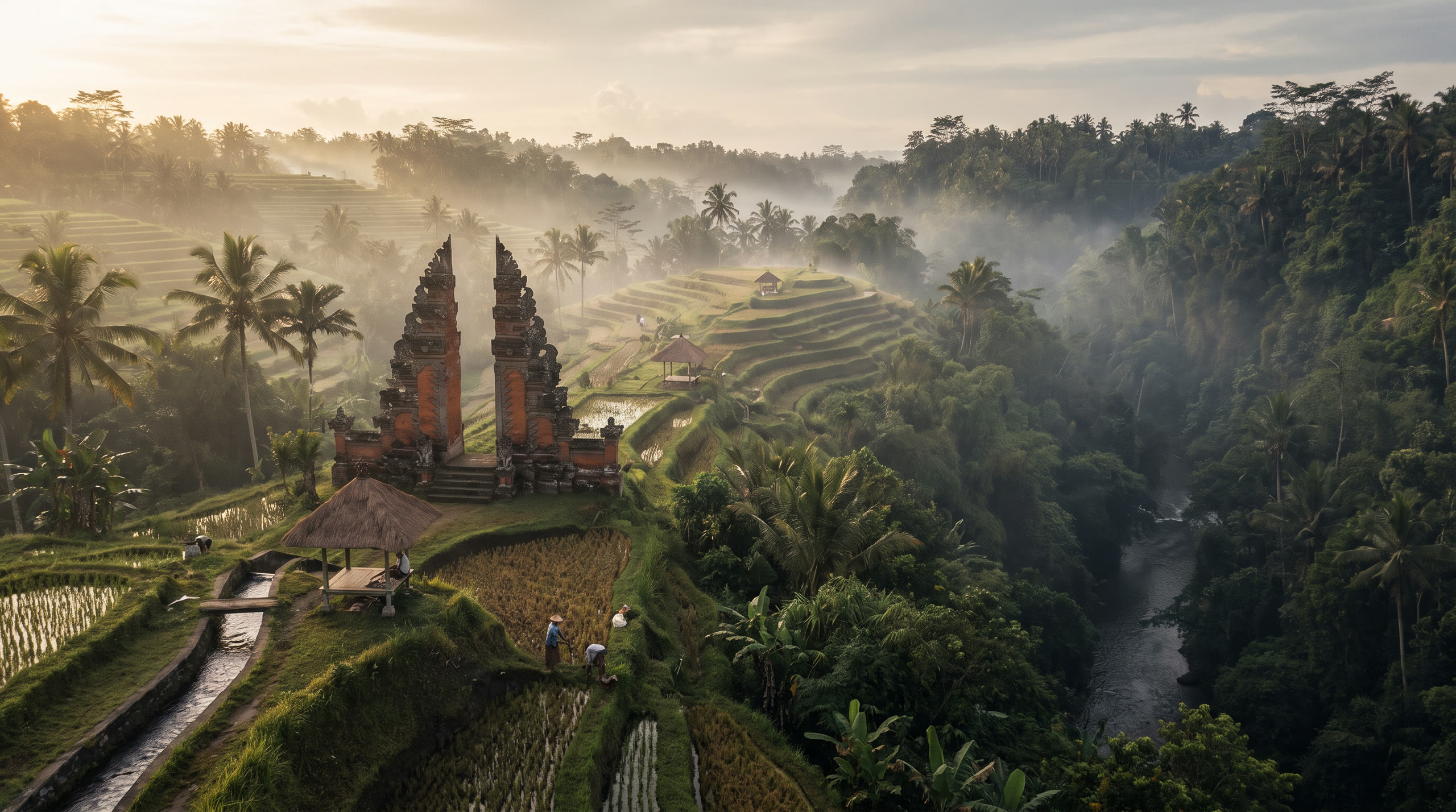 terraced rice paddies stepping through humid forested valleys at Ubud, Indonesia, in early morning light — original Triple VIP destination visual.