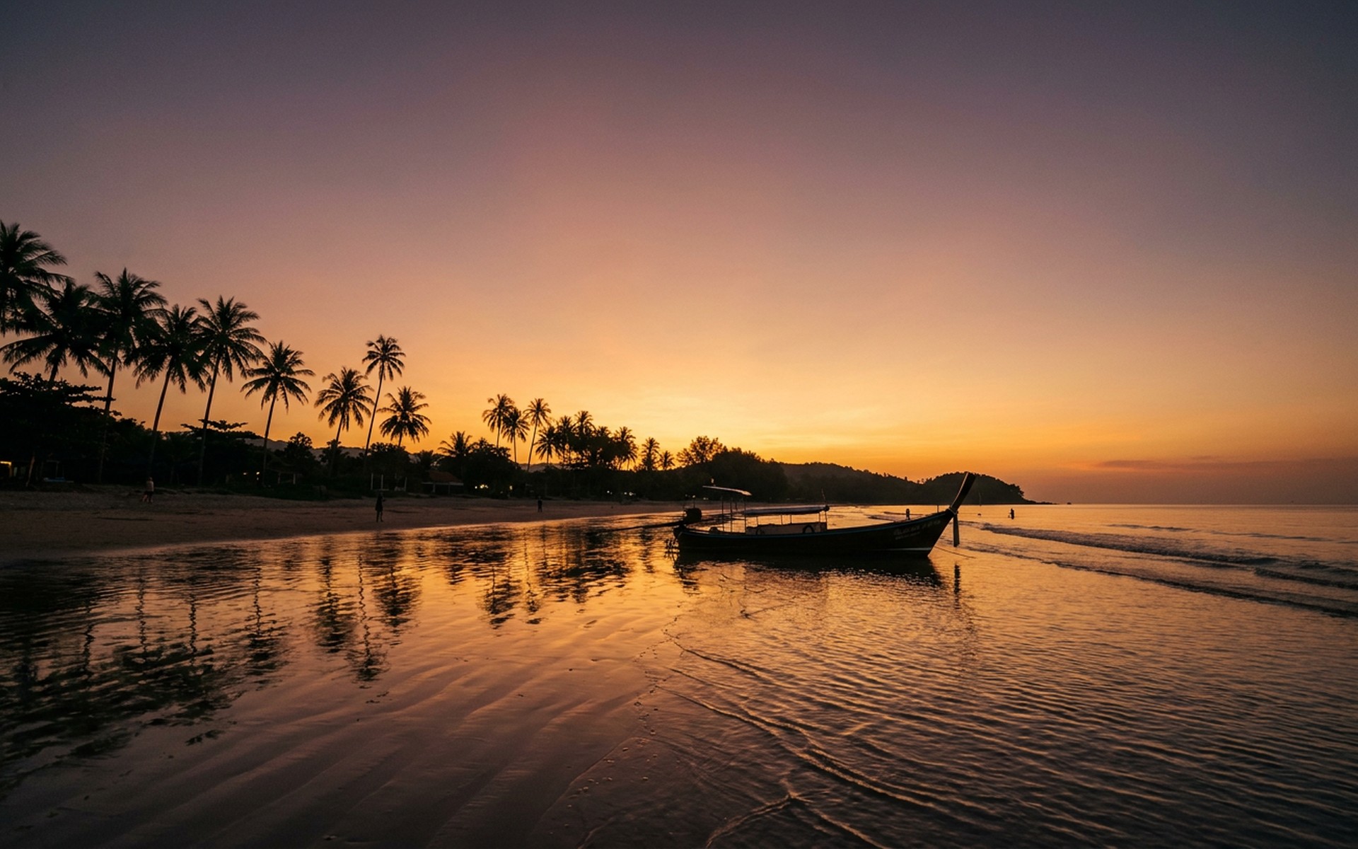 Golden hour reflection on the calm Andaman Sea at Klong Dao Beach, Koh Lanta, with silhouette of palm trees and a longtail boat at sunset. at Koh Lanta, Thailand — original Triple VIP destination visual.
