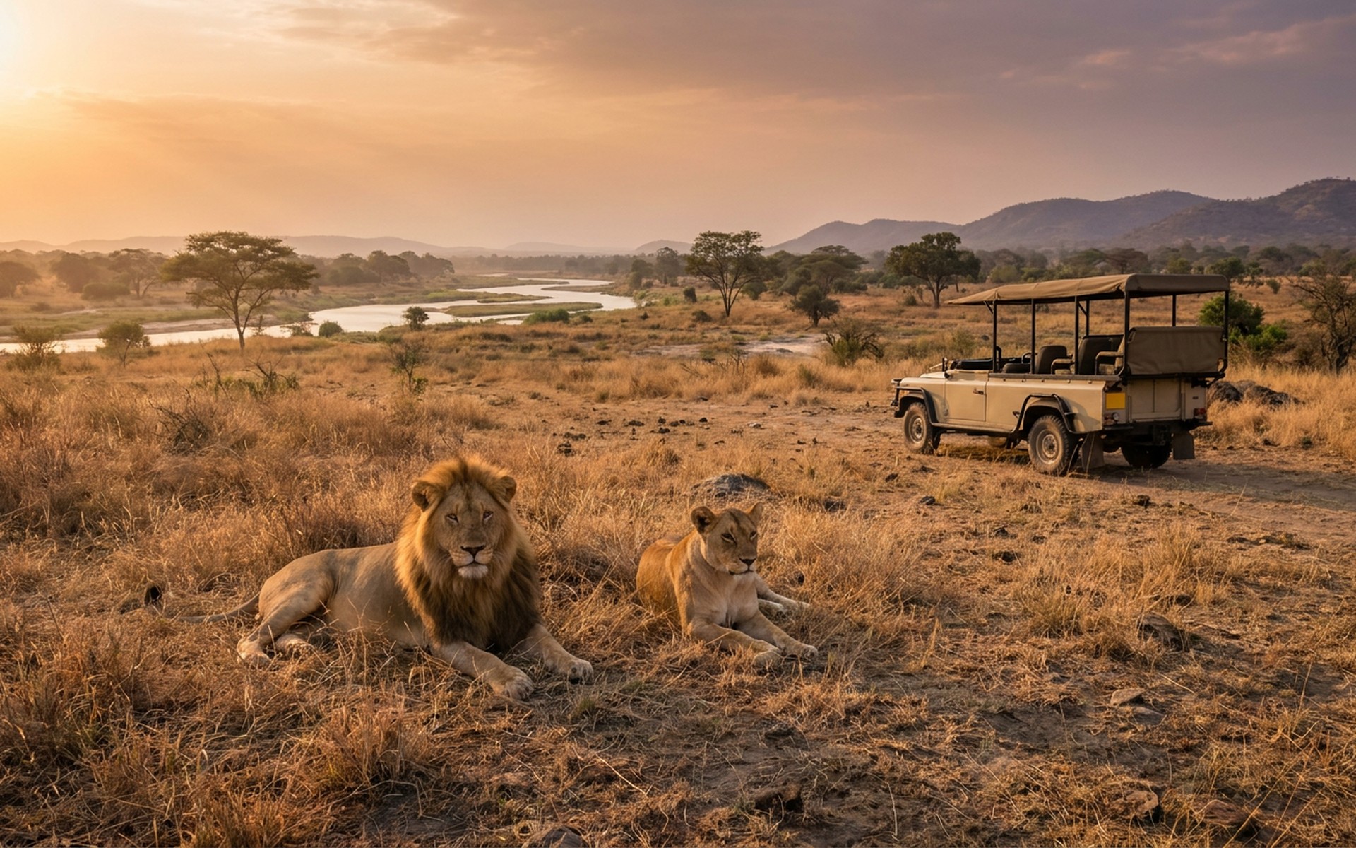 A pair of lions resting in golden savanna grass, with an open-top safari vehicle in the background under an African sunrise. at Nyerere & Selous, Tanzania — original Triple VIP destination visual.