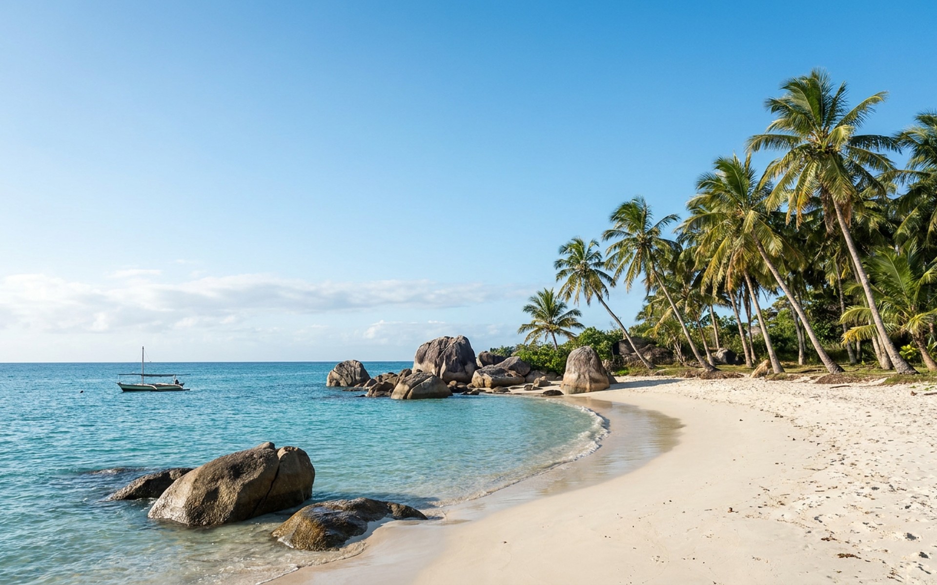 A tranquil tropical beach scene with white sand, swaying palm trees, and clear turquoise waters under a bright morning sky, late dry season. at Île Sainte-Marie, Madagascar — original Triple VIP destination visual.