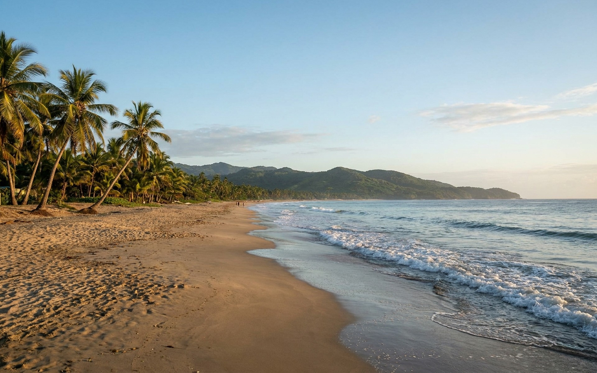 Golden hour light illuminates tranquil ocean waves breaking on a sandy beach dotted with palm trees, with distant lush green hills under a soft blue sky. at Cabarete & North Coast, Dominican Republic — original Triple VIP destination visual.