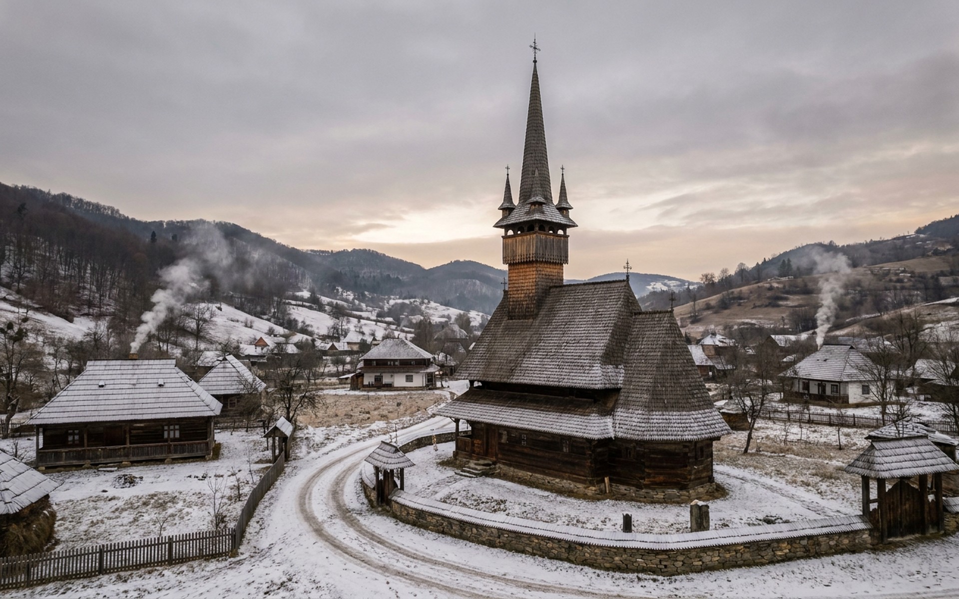 Traditional wooden church with intricate shingle roofs and tall spires, nestled in a snow-covered village valley during winter. at Maramureș, Romania — original Triple VIP destination visual.