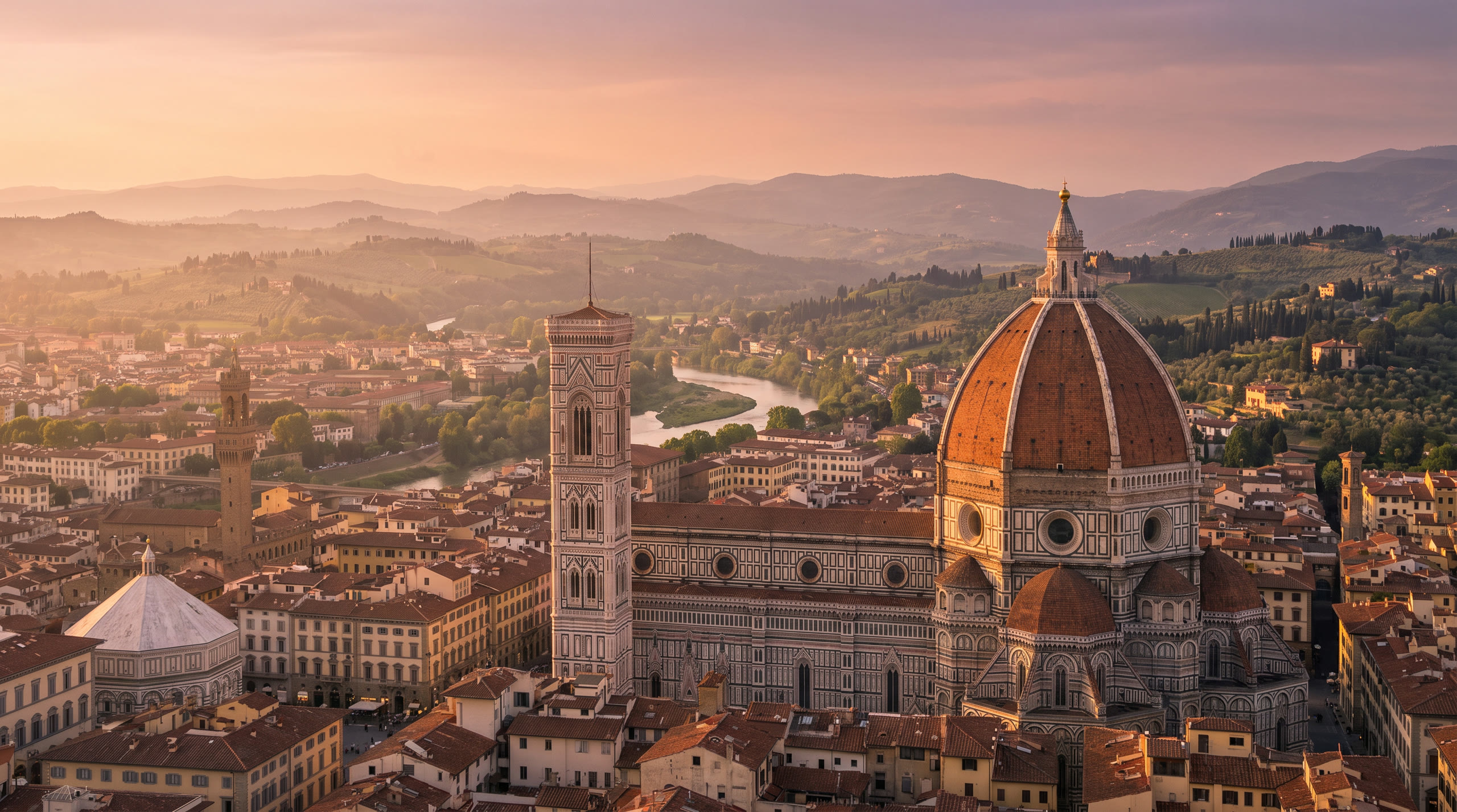 the Duomo's brick dome over Florence with Tuscan hills beyond at Florence & Tuscany, Italy, in sunset light — original Triple VIP destination visual.