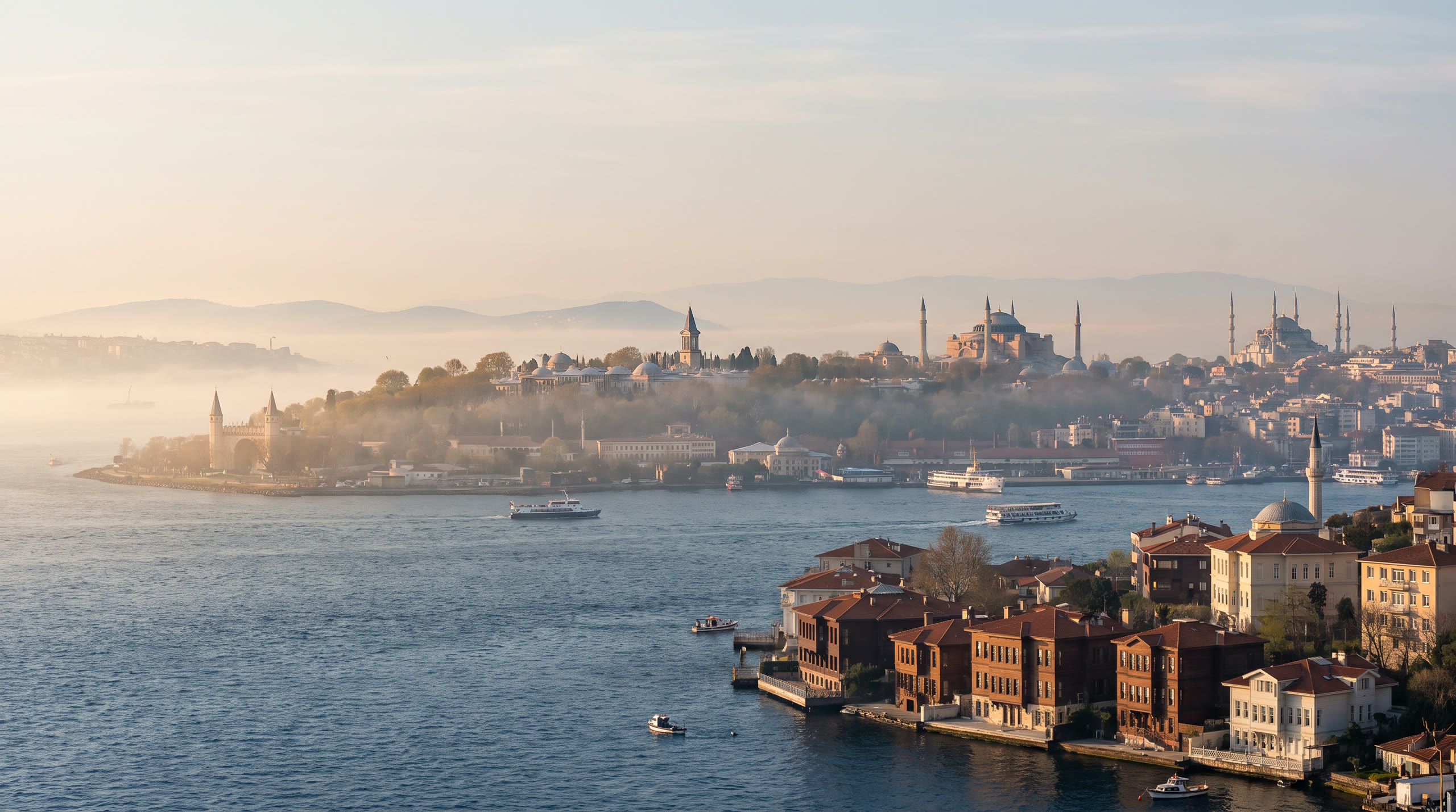 the Bosphorus strait with the historic peninsula's domes and minarets at Istanbul, Turkey, in sunrise light — original Triple VIP destination visual.