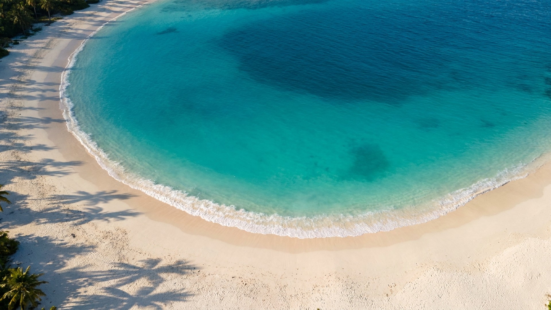 Aerial of a turquoise lagoon shading into deep blue over bright white sand
