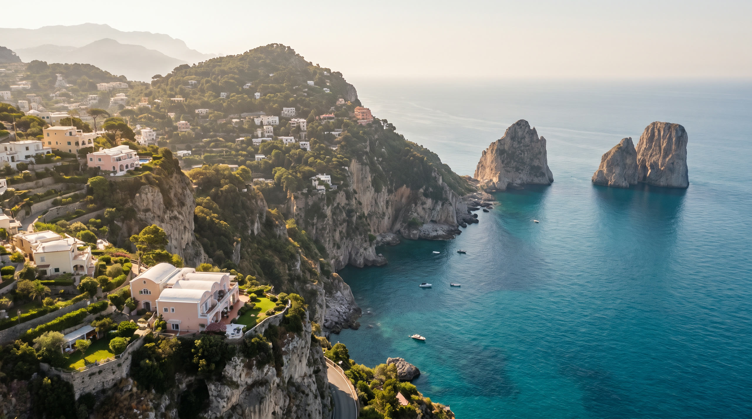 the Faraglioni sea stacks off the island's limestone cliffs at Capri, Italy, in morning light — original Triple VIP destination visual.