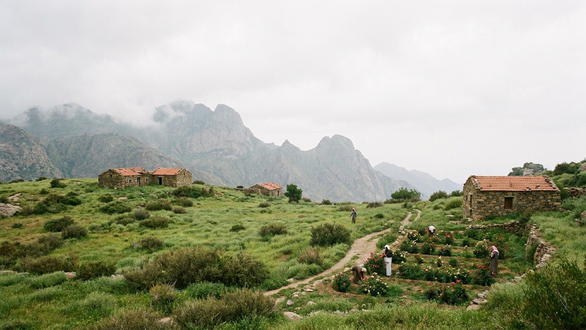 Meadow and treeline below the summits in Ta’if, Saudi Arabia