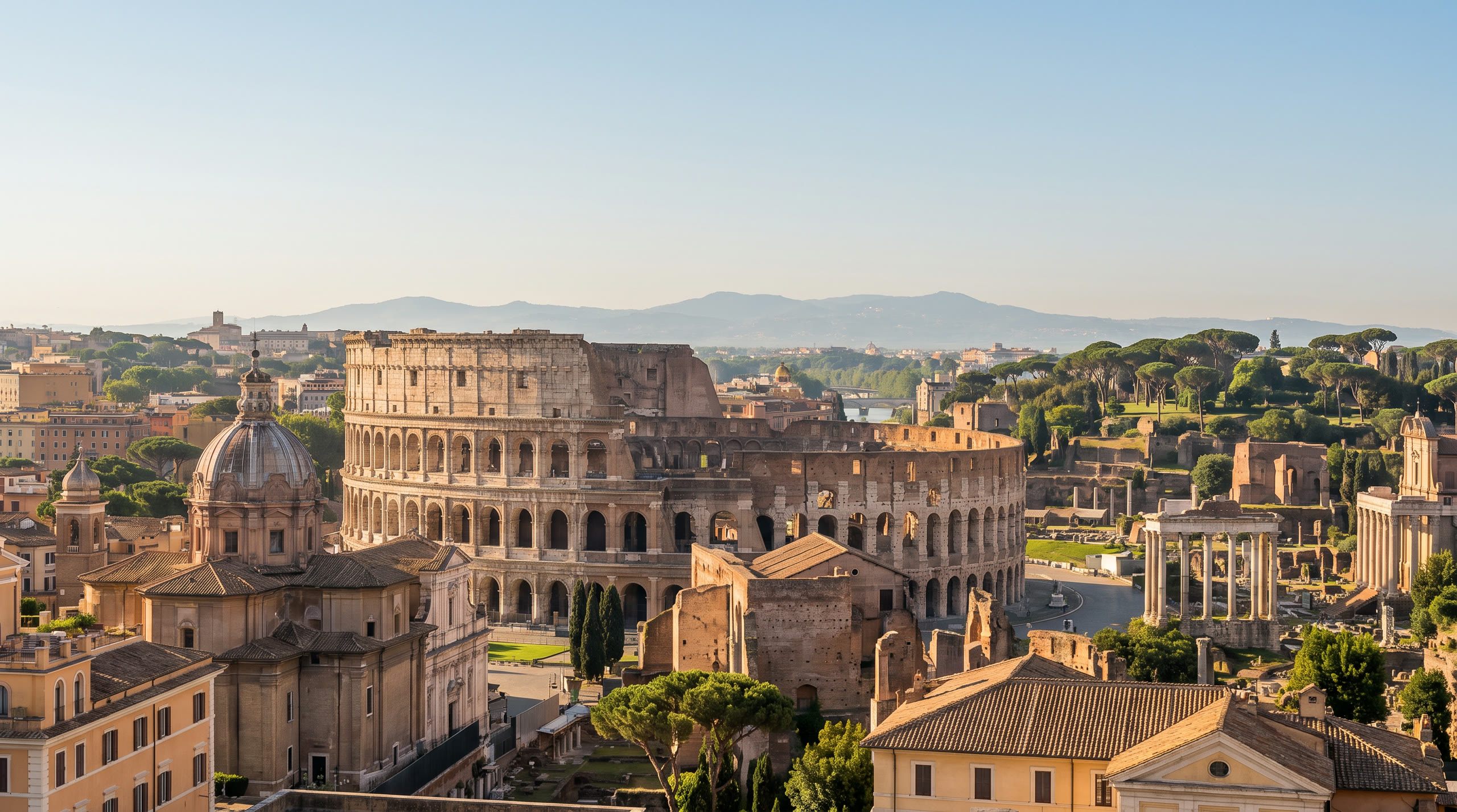 the Colosseum's elliptical arcaded shell with the Roman Forum beyond at Rome, Italy, in early morning light — original Triple VIP destination visual.