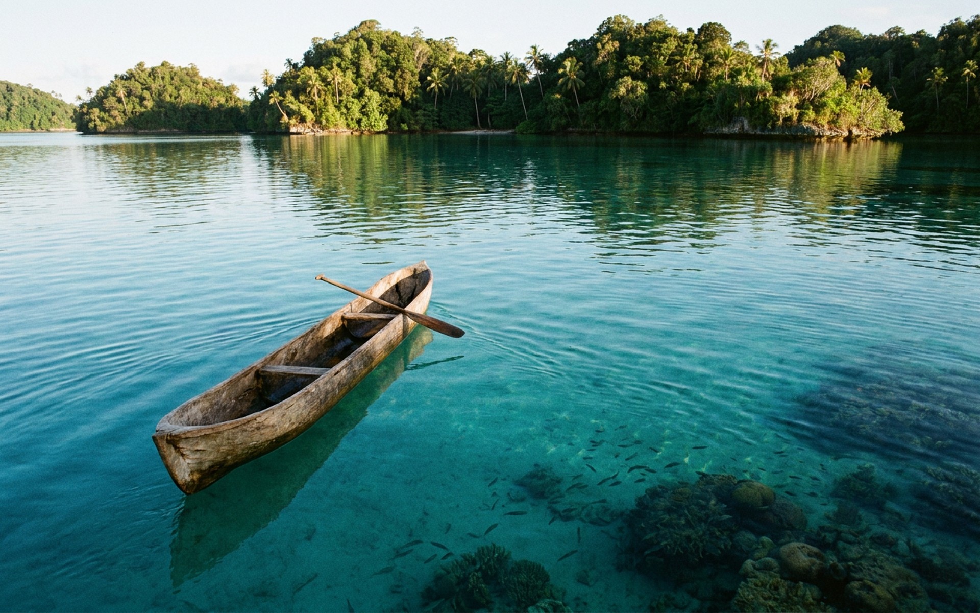 A traditional wooden dugout canoe paddling across calm, clear turquoise lagoon waters, with lush green tropical islands in the distance. at Solomon Islands, Solomon Islands — original Triple VIP destination visual.