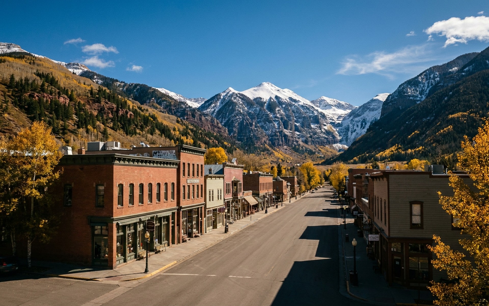Telluride's historic Main Street lined with Victorian buildings, framed by towering, snow-dusted San Juan Mountains under a crisp autumn sky. at Telluride, United States — original Triple VIP destination visual.